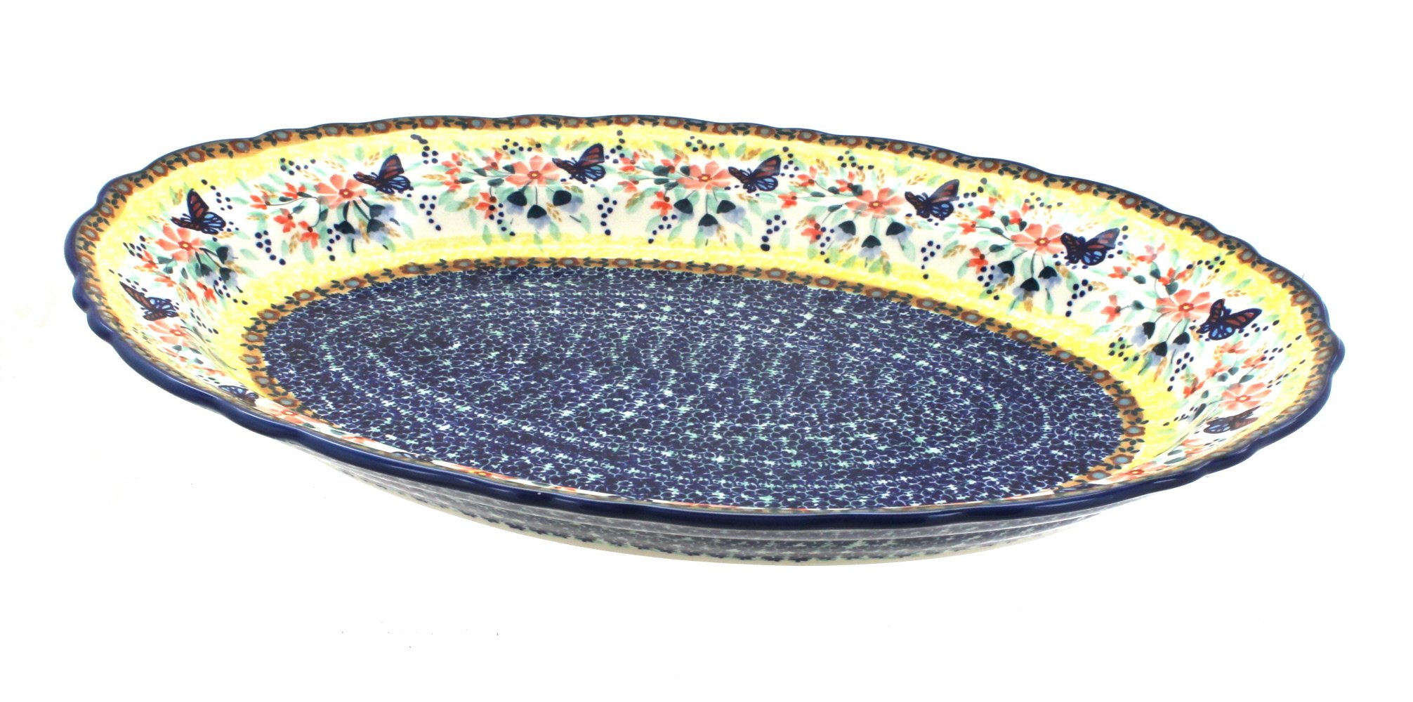 Handmade Blue Rose Polish Pottery Oval Serving Platter with Butterfly Design - Elegant Large Dish for Entertaining, Dining & Home Decor