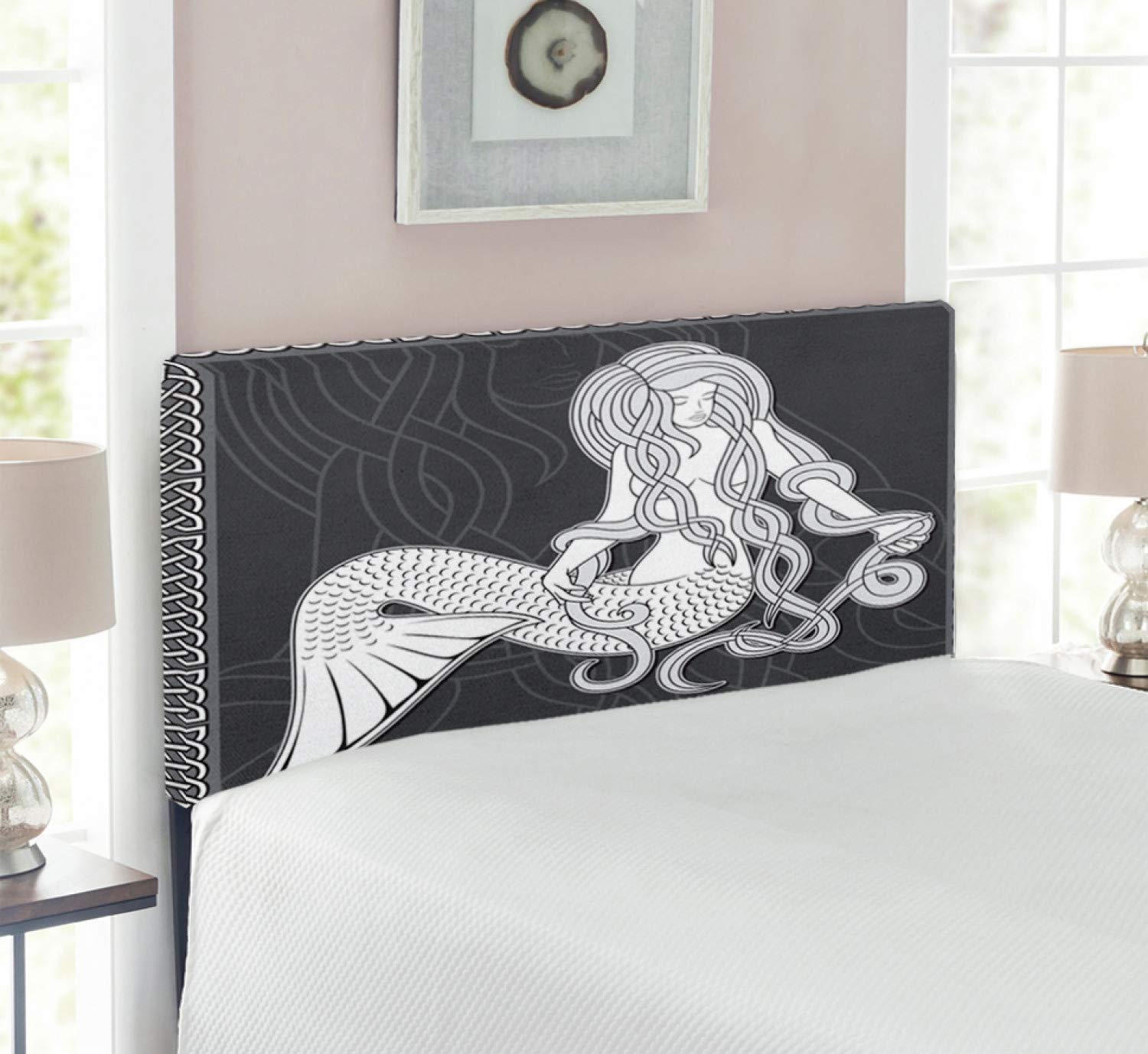 Ambesonne Mermaid Twin Size Headboard - Retro Mermaid Art with Celtic Patterns, Upholstered Metal Bed Frame with Memory Foam in Grey | Perfect for Coastal, Nautical & Fantasy Themed Bedrooms