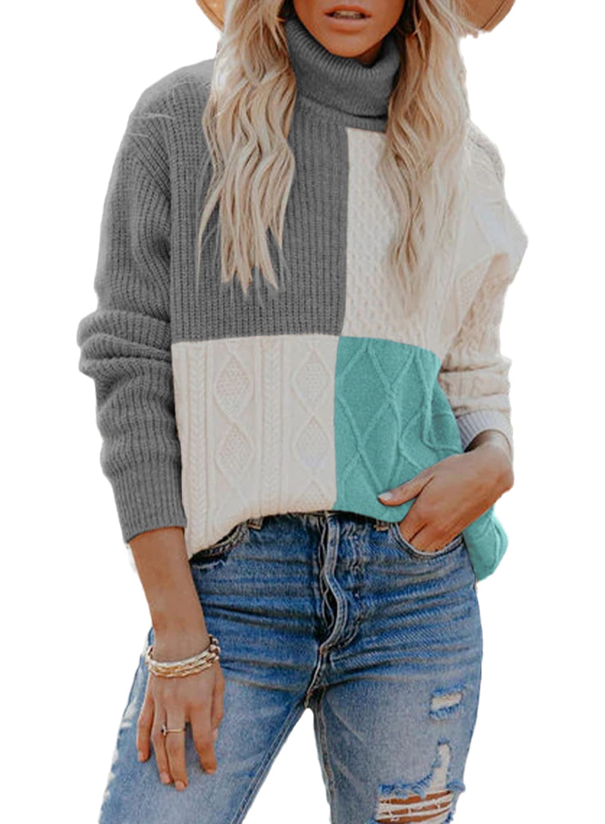 Dokotoo Women's Turtleneck Sweater - Color Block Cable Knit Pullover Long Sleeve Top | Winter Fashion, Office Wear & Casual Outfits