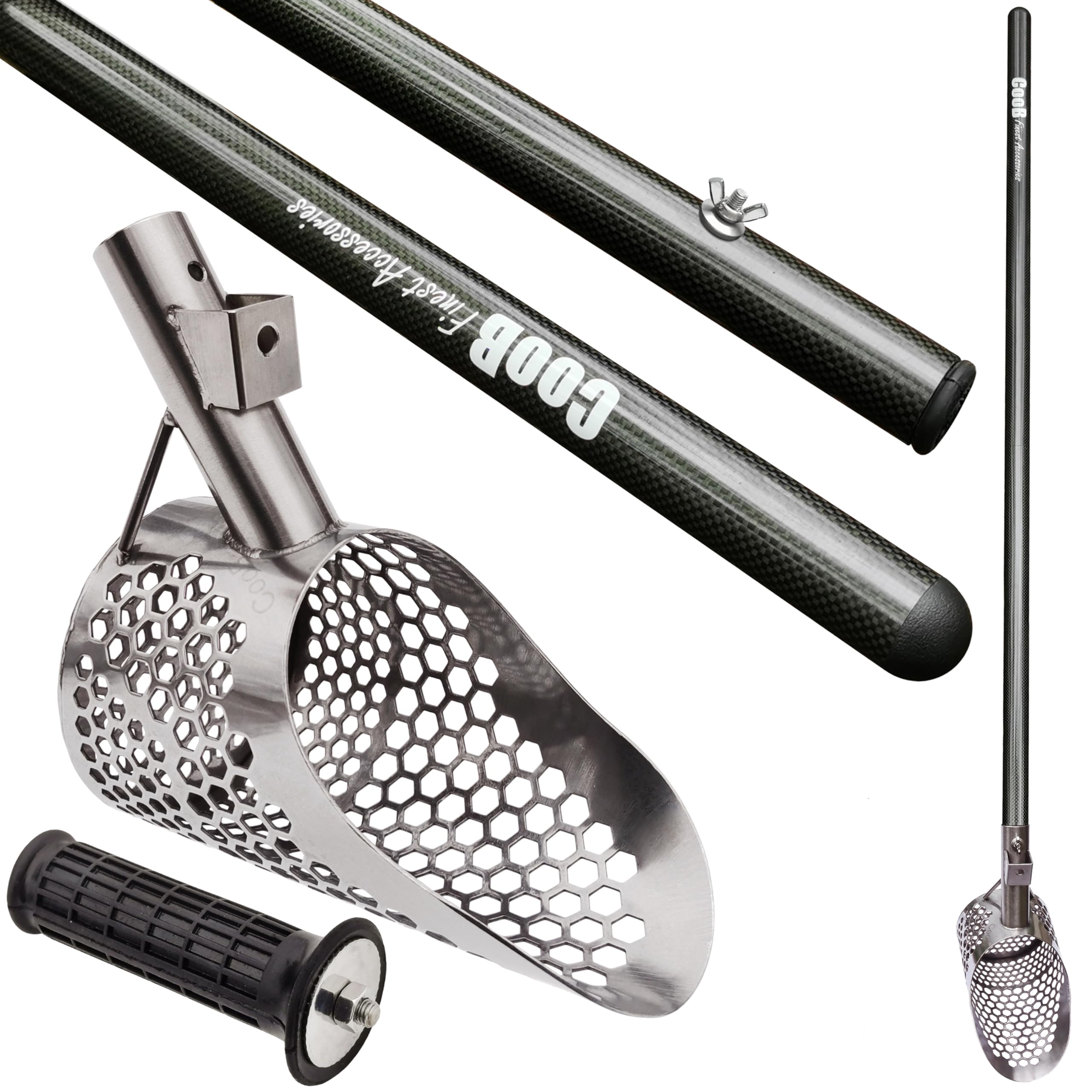 Premium CooB Sand Scoop for Metal Detecting - Stainless Steel Treasure Hunting Tool with Carbon Fiber Handle - Perfect for Beach, Desert & Outdoor Gold Prospecting Adventures