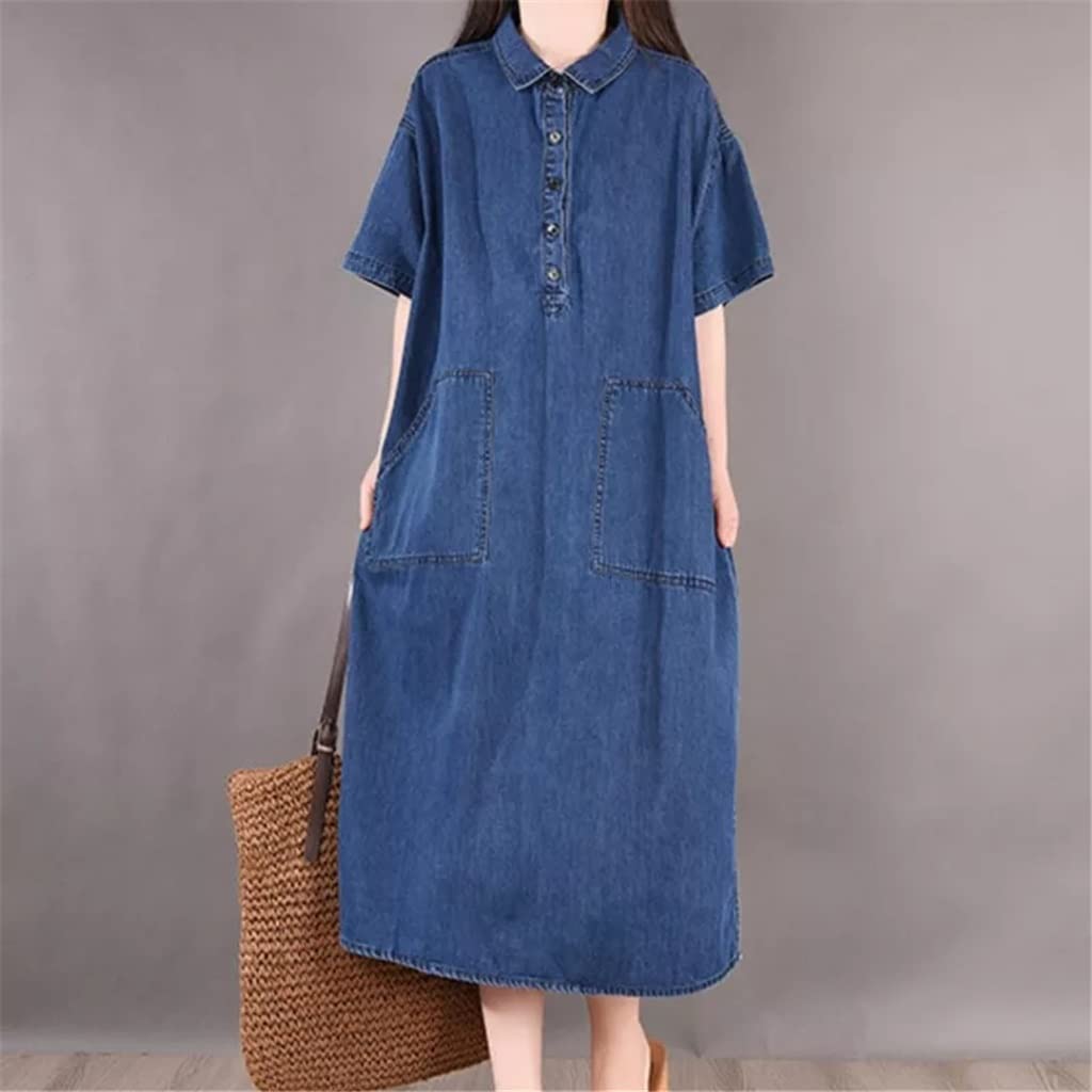 GRETD Women's Denim Midi Dress with Washed Turn-Down Collar - Blue Size L | Street Fashion Casual Summer Dress for Travel, Dating & Outdoor Activities