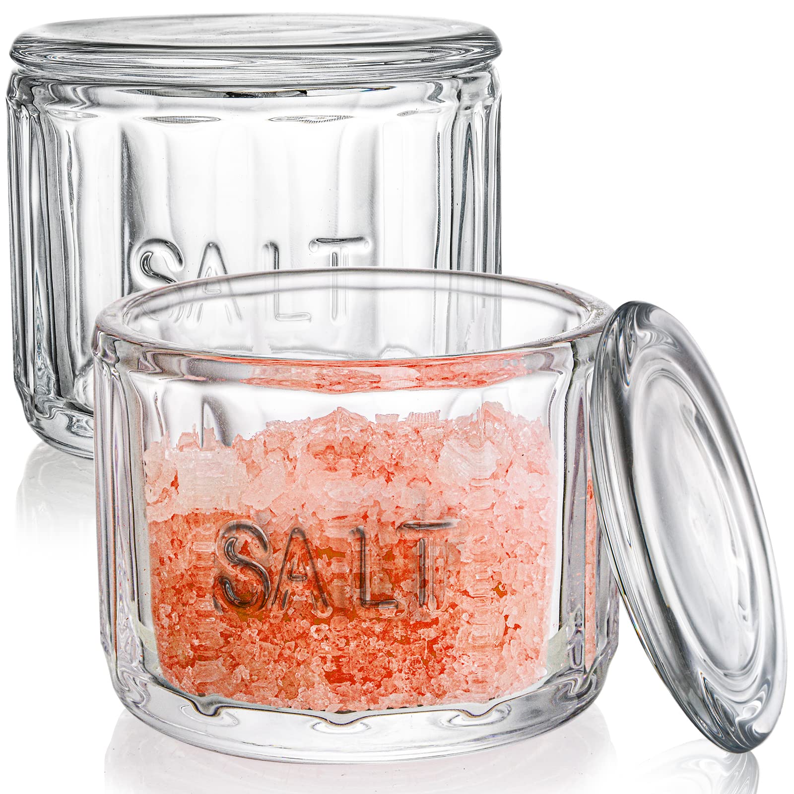 Nicunom 2 Pack Clear Glass Salt Cellar with Lid - Airtight Salt Storage Container, Retro Kitchen Decor, Perfect Wedding Gift (3.75