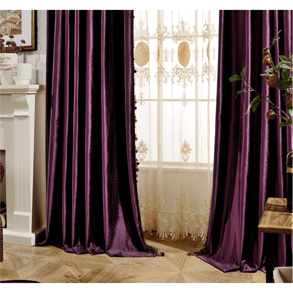 Luxury Blackout Velvet Curtains with Tassel Trim - Purple, Thermal Insulated Drapes for Bedroom & Living Room, European Style Elegant Window Treatment for Home Decor