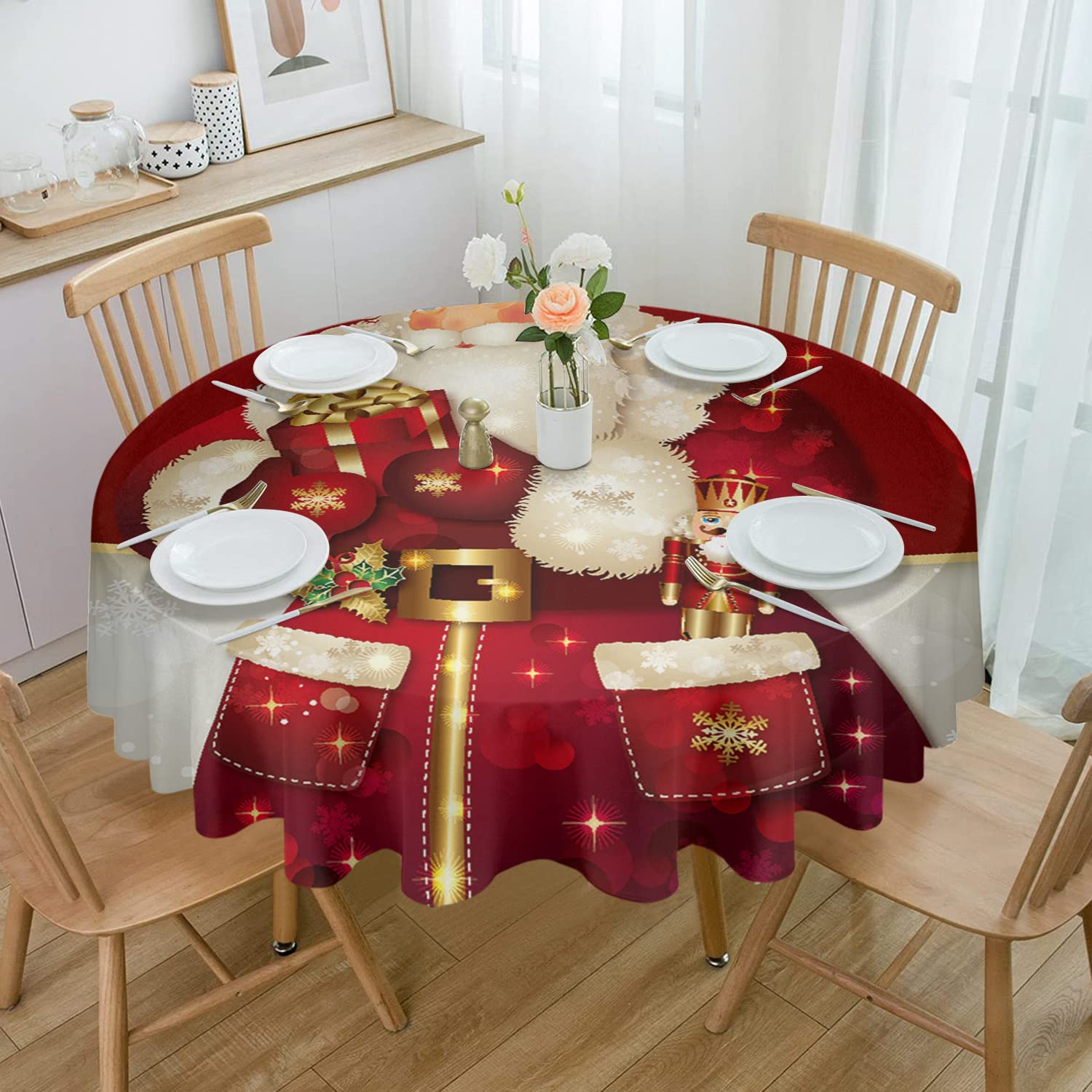 Findamy Merry Christmas Round Tablecloth - 54 Inch Waterproof Spill-Proof Polyester Table Cover for Dining, Buffet & Holiday Parties - Santa Claus with Gifts & Snowflake Design - Perfect for Christmas Dinner, Family Gatherings & Festive Decorations