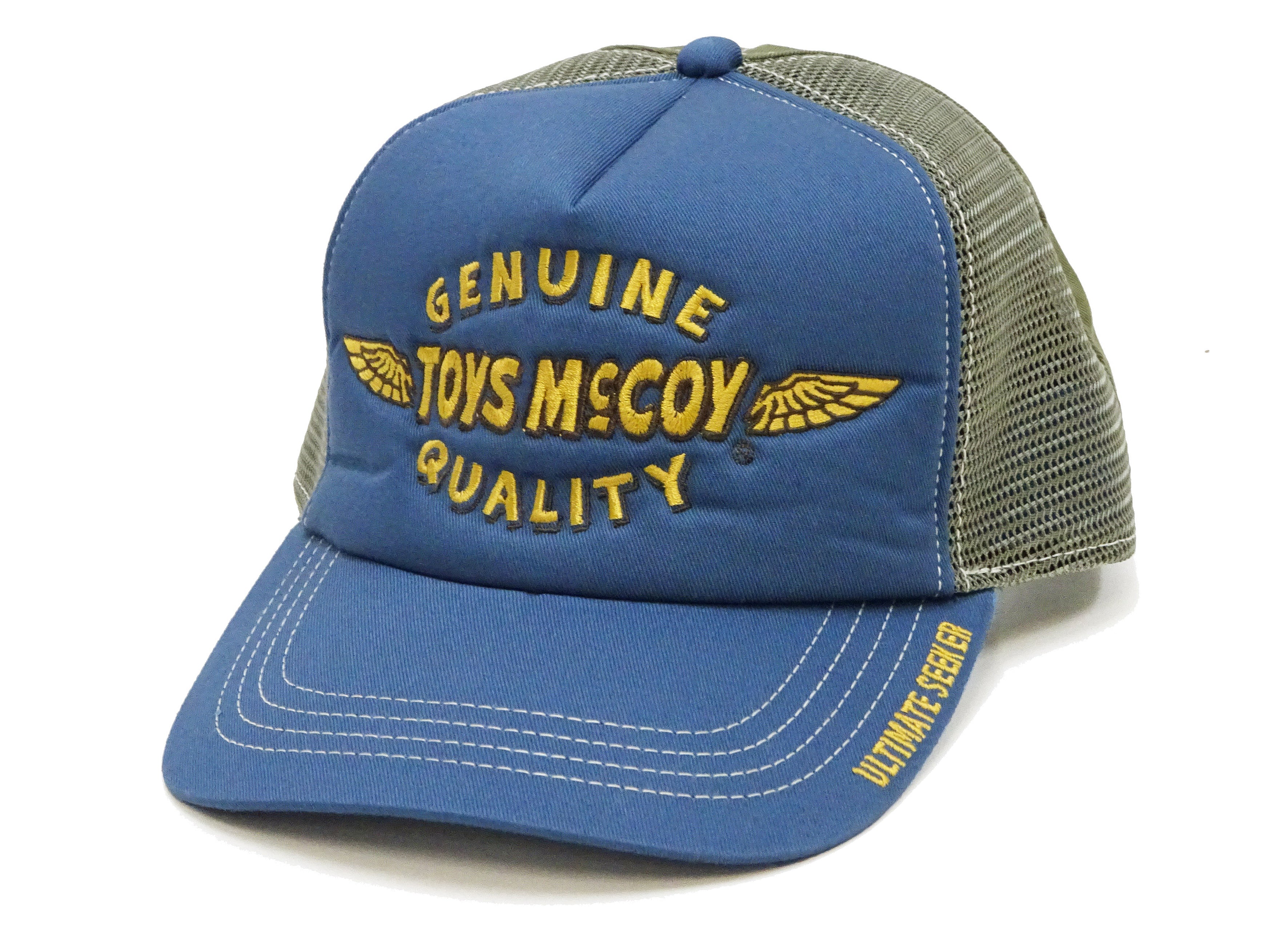 TOYS McCOY Men's Embroidered Graphic Baseball Trucker Cap - Adjustable Snapback, Side Mesh Panels & Curved Brim - Casual Hat for Outdoor Activities, Sports & Streetwear (Grayish Blue x Olive, TMA2503)