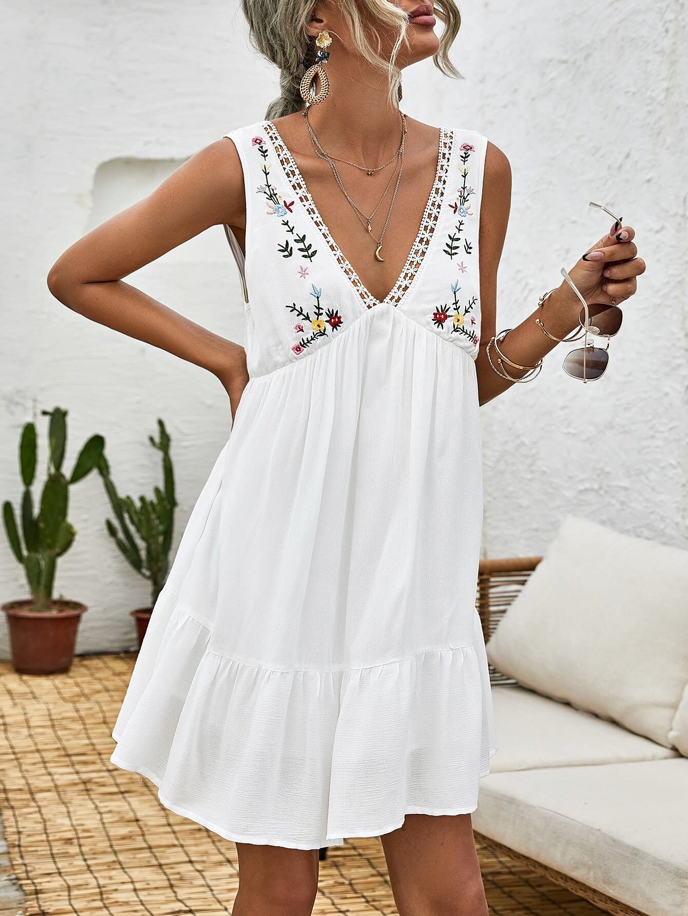 Claiyi Women's Sleeveless V-Neck Lace Trim Embroidered Ruffle Hem Smock Dress - White Summer Casual Dress for Beach, Wedding & Party Wear