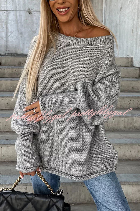 Casual Street Style Oversized Knit Sweater for Women - Cozy Loose Fit Wide Neck Pullover for Fall & Winter Fashion