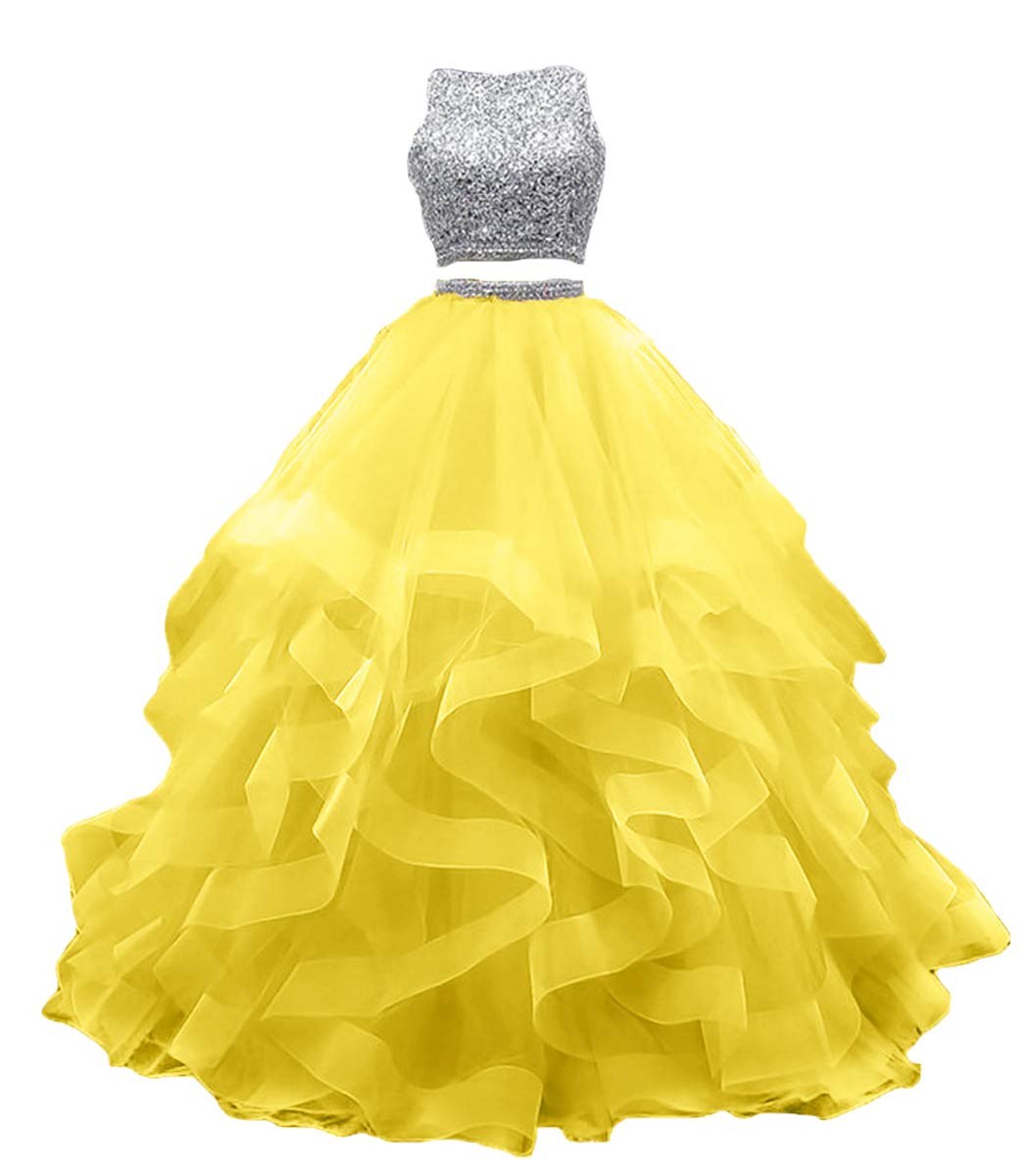 KaBuNi 2 Piece Prom Dress Long Beaded Quinceanera Gown - Elegant Layered Ruffle Tulle Sweet 16 Ball Gown for Homecoming, Wedding, and Formal Events