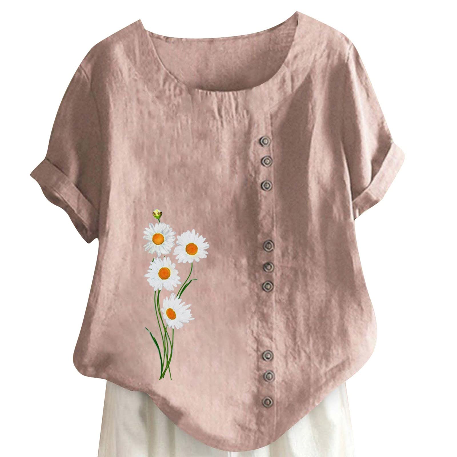 PADON Women's Printed Short Sleeve T-Shirt - Slim Fit Crew Neck Summer Top with Button Decoration & Side Slit | Perfect for Yoga, Gym Workouts & Casual Wear