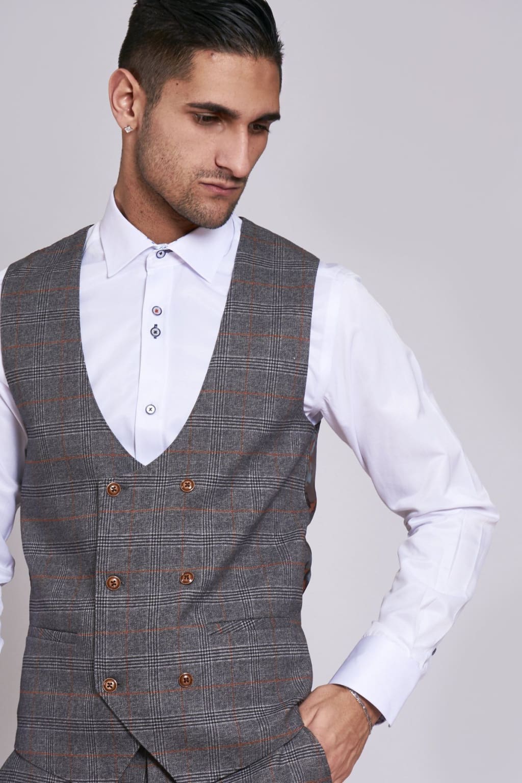 JENSON Grey Check Double Breasted Waistcoat for Men - Formal Vest for Business, Wedding & Office Wear - Slim Fit Waistcoat Suit Jacket