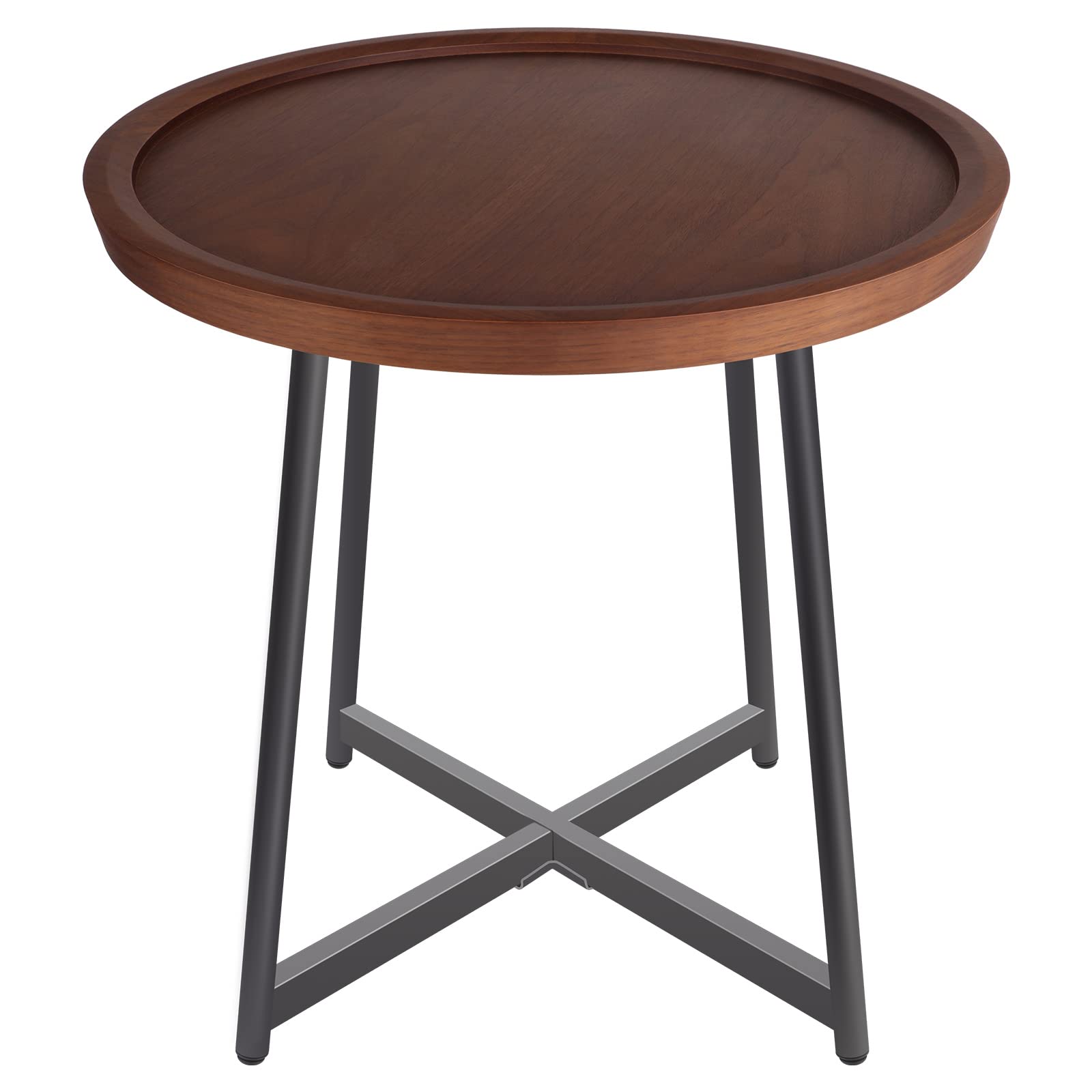 Mid-Century Modern Round End Table with Metal Base & Tray Top - Solid Wood Farmhouse Side Table, Nightstand for Bedroom, Living Room, Small Spaces - Walnut Finish | Perfect for Coffee, Books & Bedside Decor