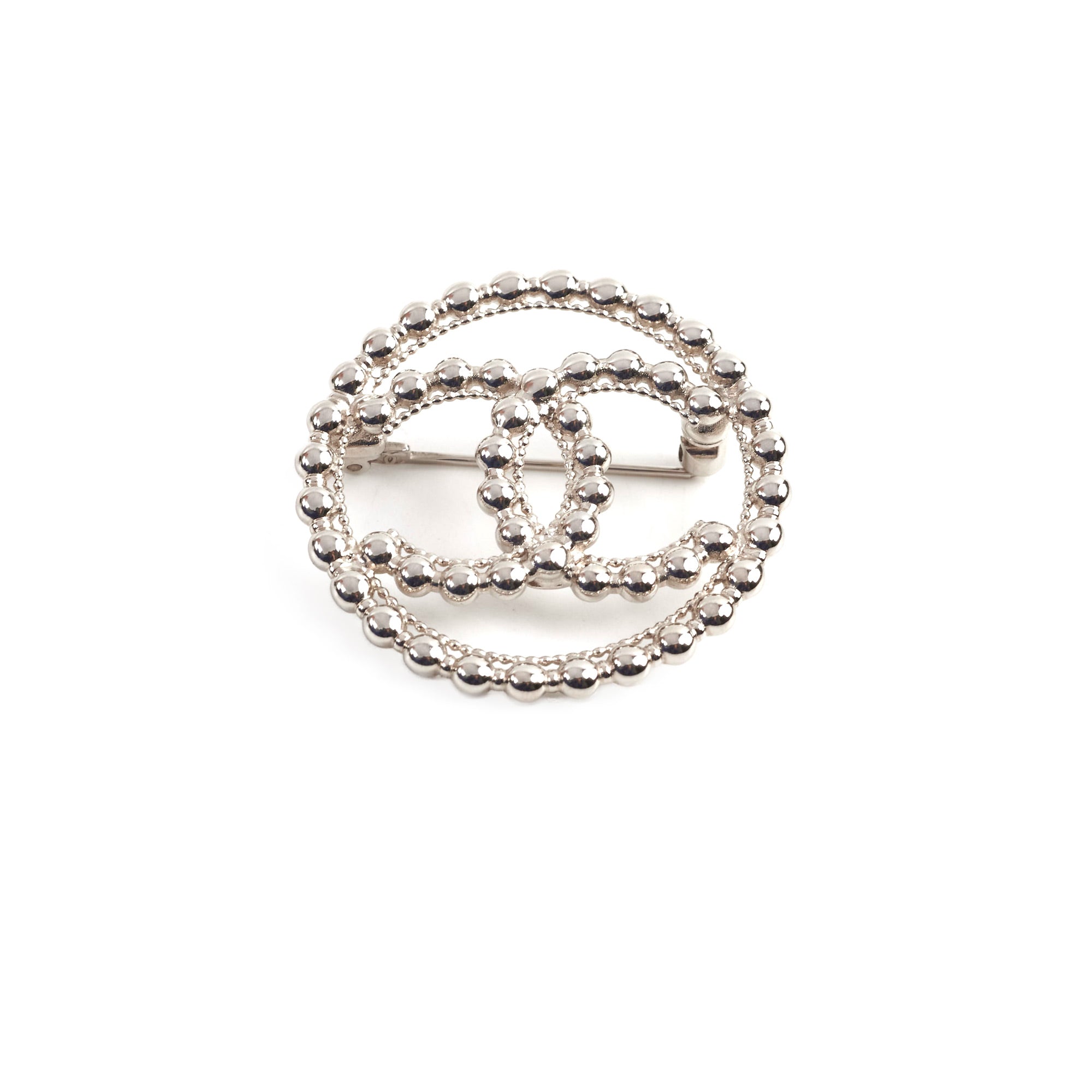 Chanel CC Round Silver Brooch - Elegant Vintage Fashion Pin for Women | Perfect for Jackets, Scarves, Bags & Special Occasions