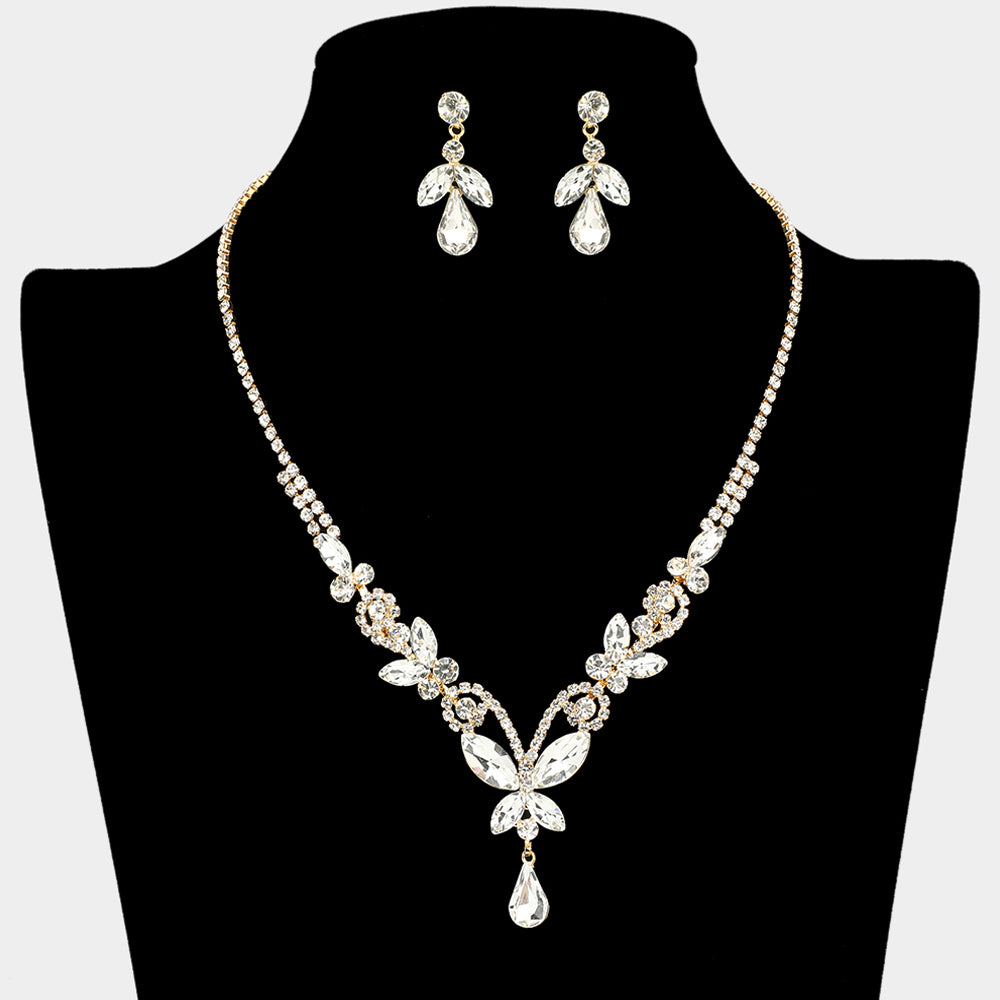 Elegant Gold Marquise & Multi-Stone Butterfly Cluster Necklace Set for Prom | Dainty Jewelry for Women | Perfect for Prom Night, Date Night & Special Occasions