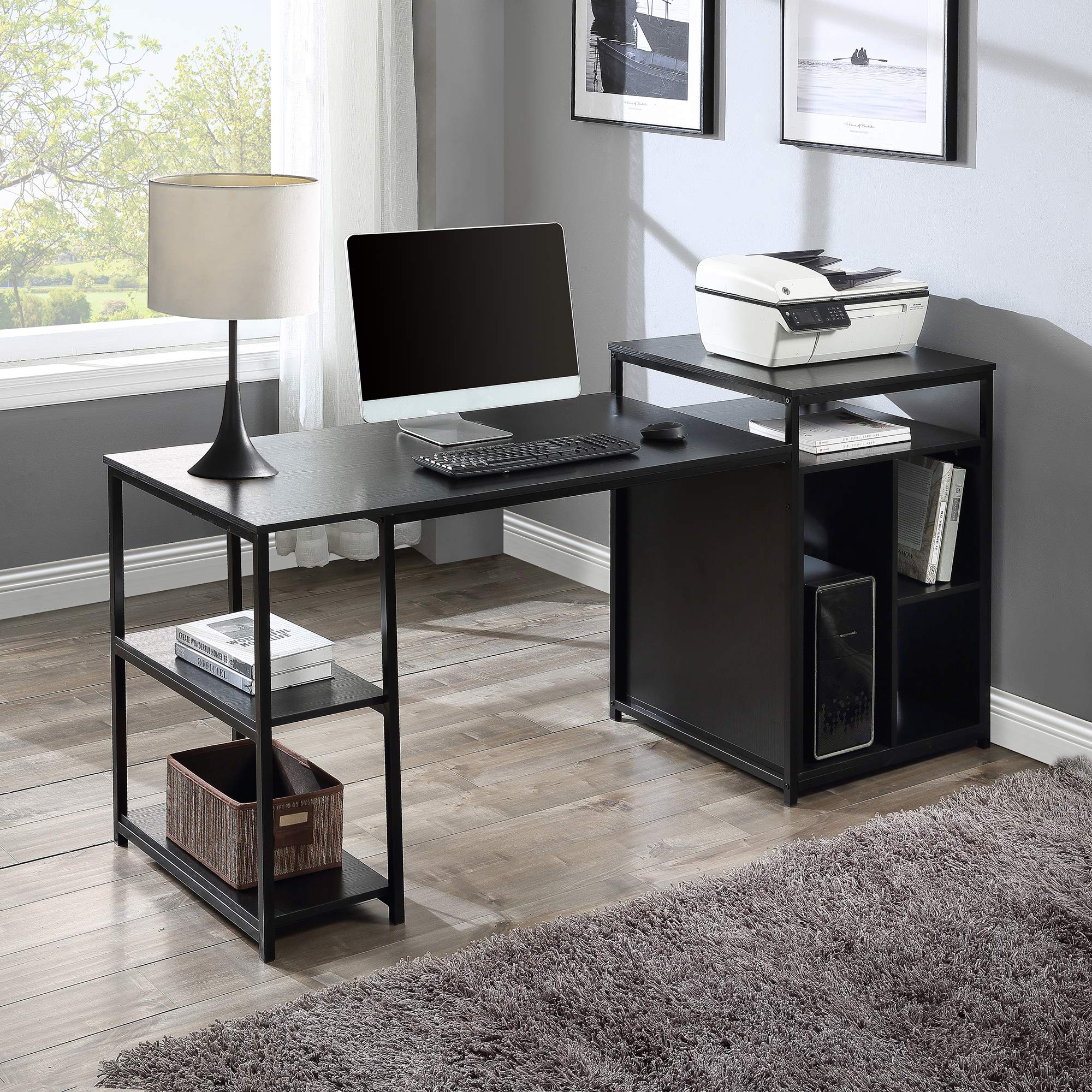 Merax Computer Desk Shelf with CPU Storage & Printer Stand - Space Saving Writing PC Table for Home Office (Black, Model WF196080) - Perfect for Small Spaces & Organized Workstations
