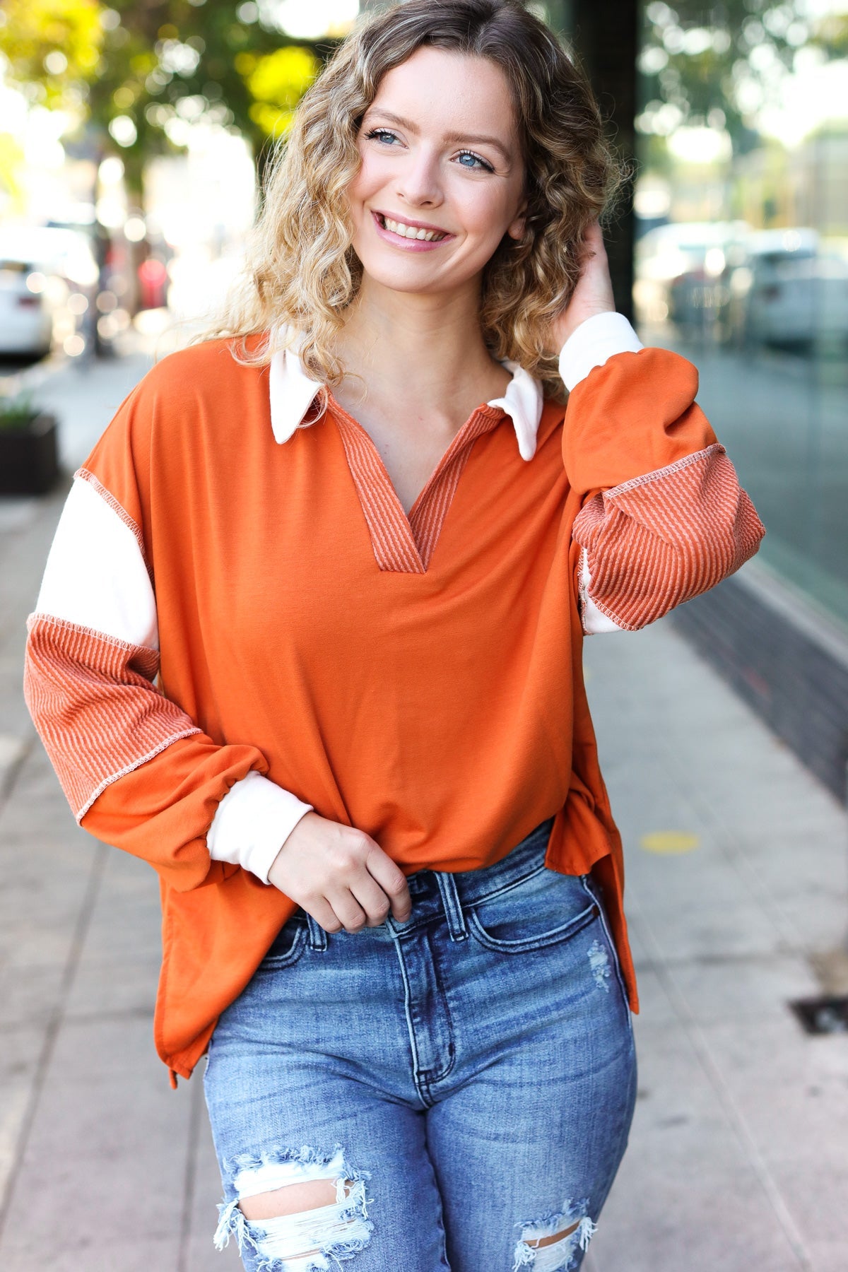 Falling For You Rust Color Block Collared French Terry Top | Women's Casual Long Sleeve Shirt | Perfect for Autumn Outfits, Coffee Dates & Weekend Errands