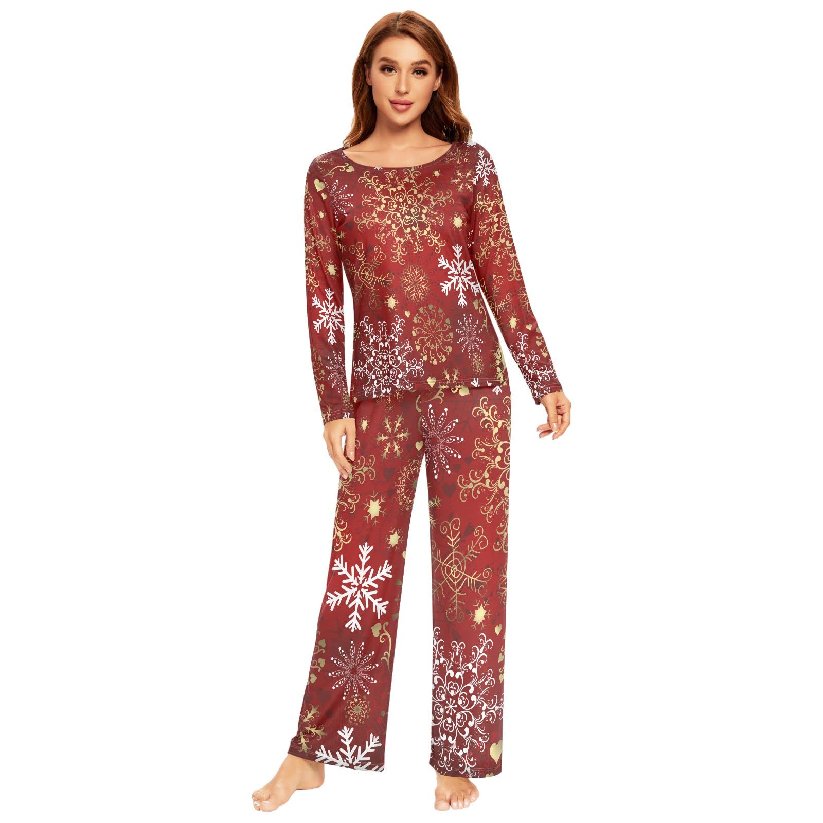 KFBE Women's Christmas Snowflake Pajama Set - Long Sleeve Sleepwear & Lounge Pants - Cozy Holiday Pajamas for Winter Nights, Family Gatherings & Christmas Morning