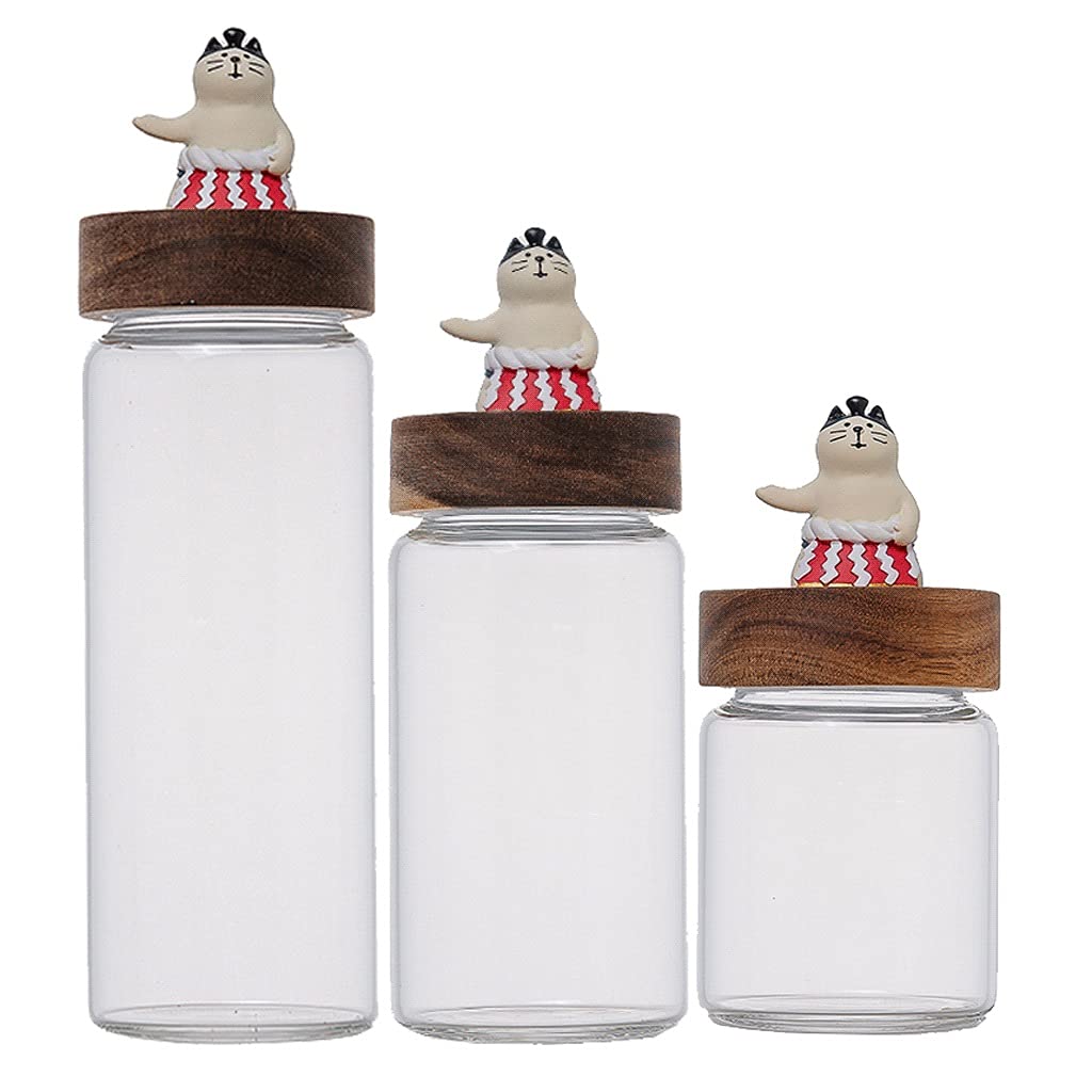 Small Glass Food Storage Containers with Wooden Lid - 3-Piece Set with Resin Cat Decoration - Airtight Kitchen Canisters for Coffee Beans, Flour, Sugar & Spices - Perfect for Pantry Organization & Home Decor