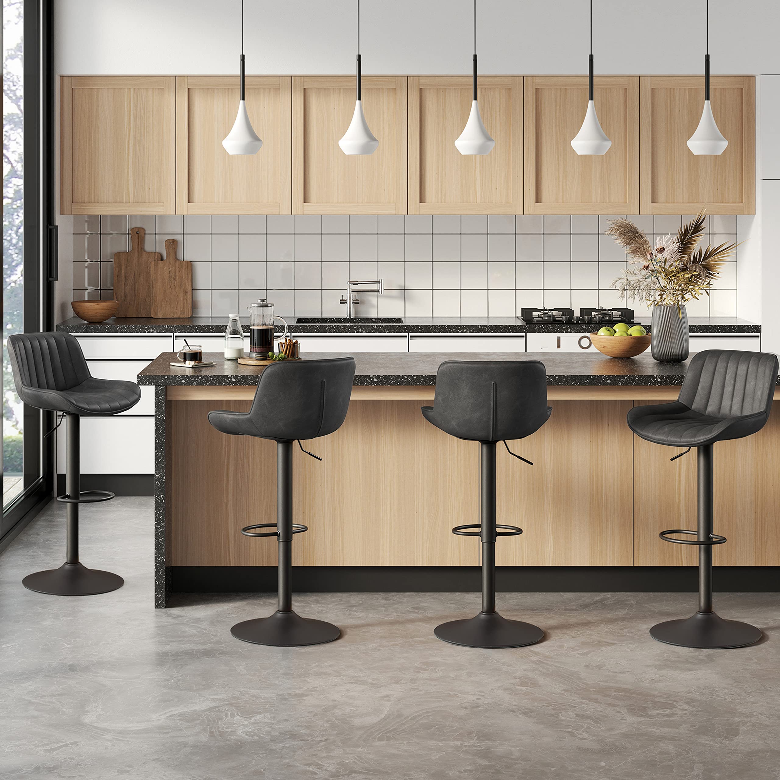 Volans Mid Century Modern Bar Stools Set of 4 - Adjustable Height Swivel Bar Chairs with Faux Leather Upholstery & Black Powder Coated Metal Base - Perfect for Kitchen Islands, Home Bars & Pub Counter Seating (Black/Brown)