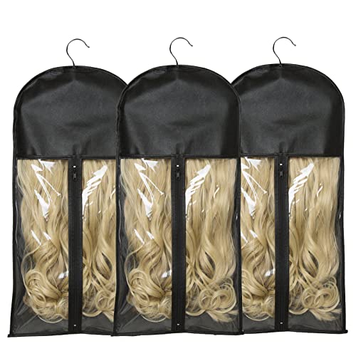 3 Pack Hair Extension Holder with Storage Bag - Wig Hanger Organizer for Human & Synthetic Hairpieces - Black Wigs Carrier Case for Salon, Store & Home Use