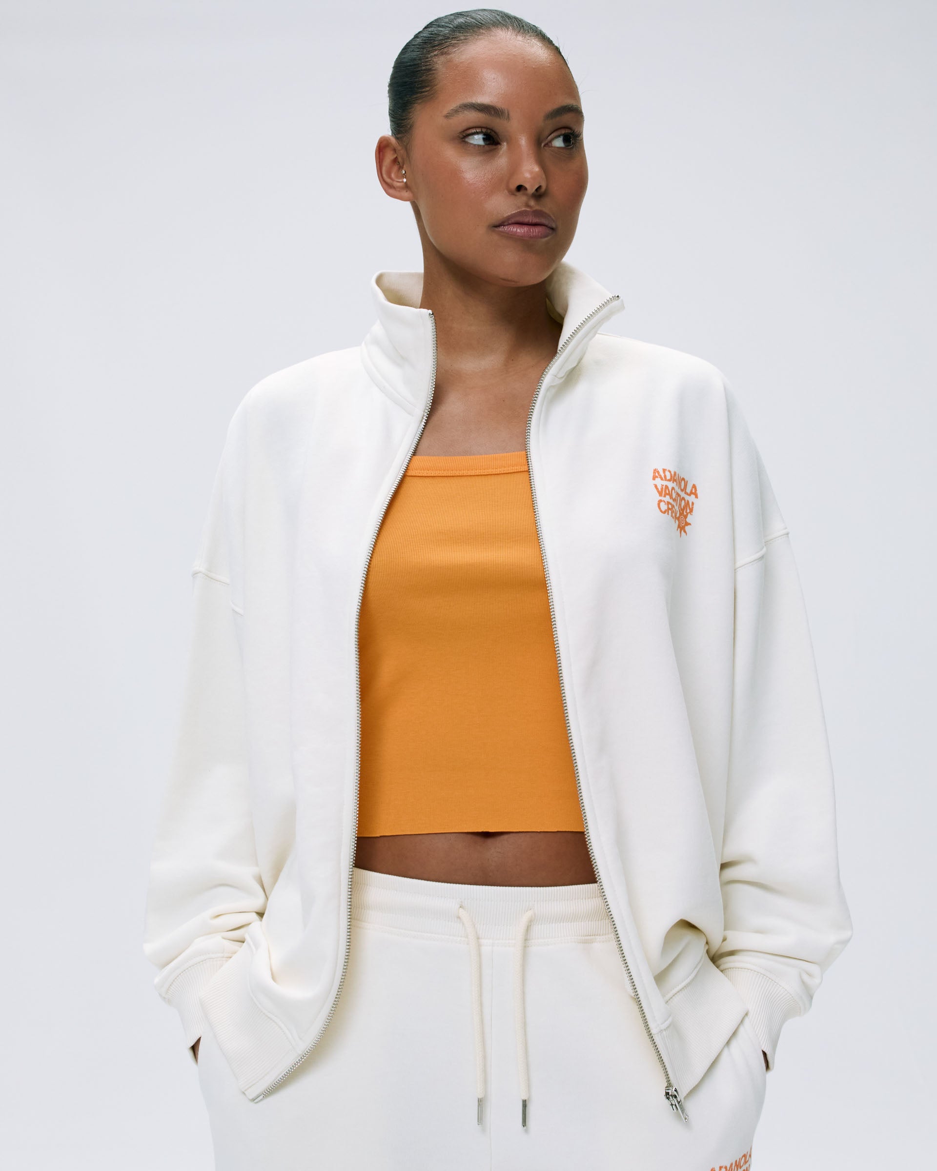 Vacation Full Zip Funnel Neck Sweatshirt - Marshmallow White & Mango Orange | Cozy Pullover Hoodie for Travel, Camping & Casual Outfits