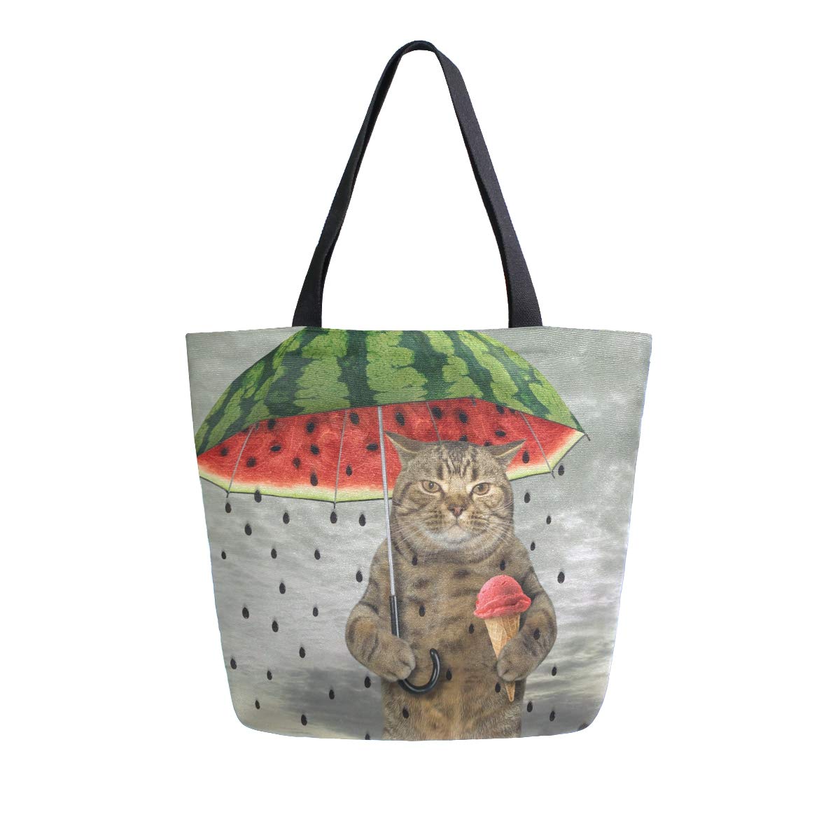 Stylish Reusable Grocery Tote Bag with Cute Cat & Watermelon Print - Eco-Friendly Canvas Shopping Bag for Men & Women - Perfect for Groceries, Beach Trips & Daily Errands