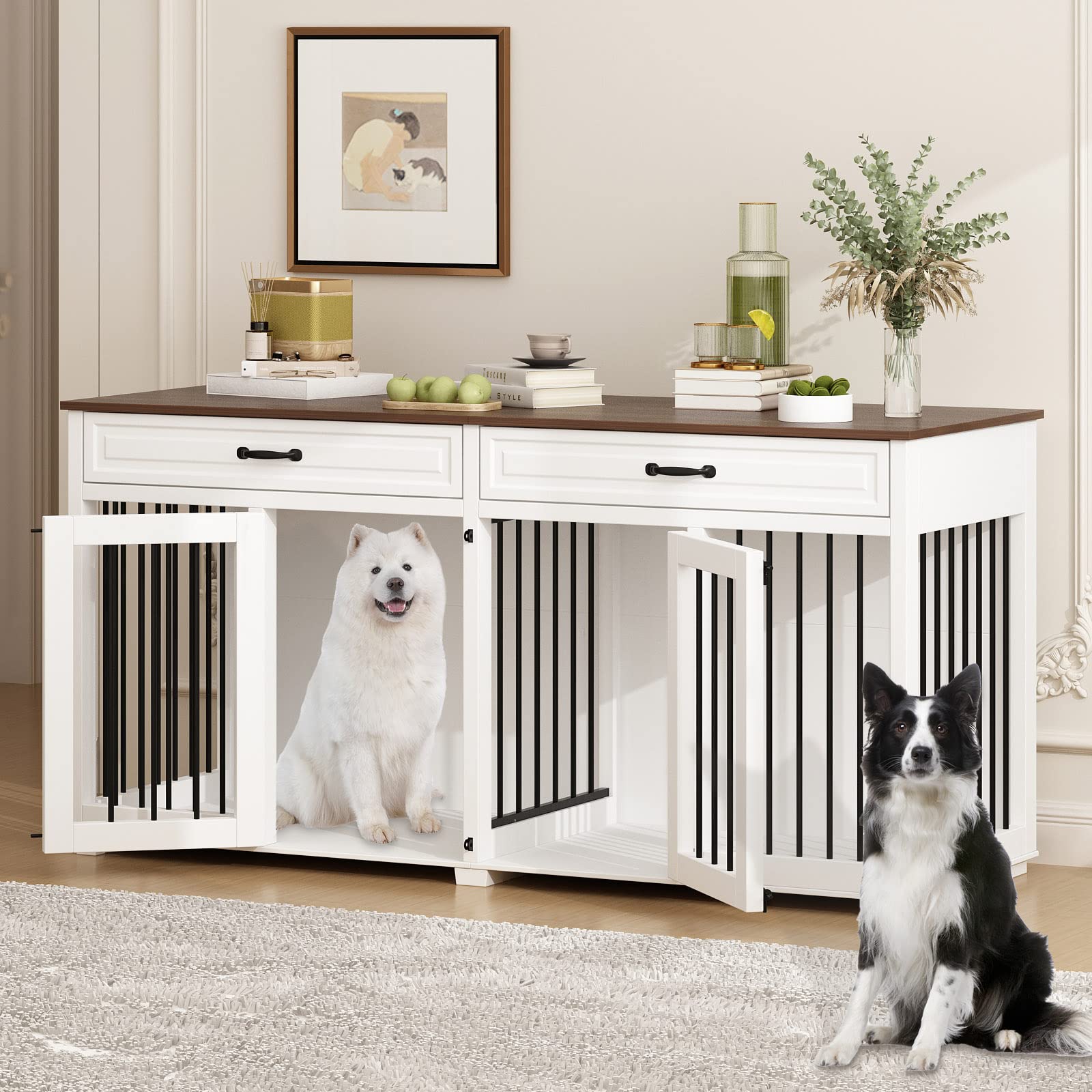 Heavy Duty 64.6 Inch Wooden Dog Crate Kennel with Drawers & Divider - Indoor Dog House Furniture for Large Medium Small Dogs - White - Perfect for Living Room, Bedroom & Pet-Friendly Home Decor