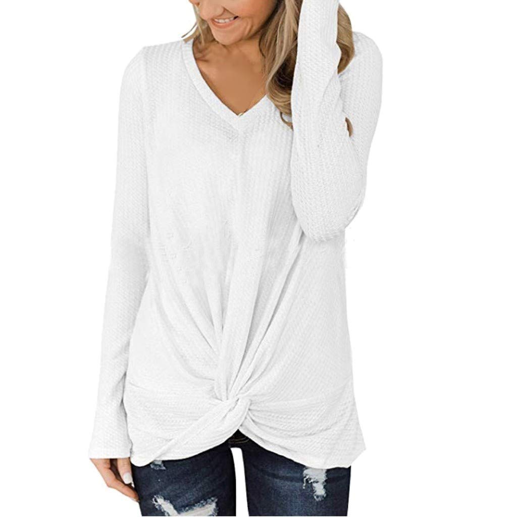 FORUU Women's Winter Long Sleeve V-Neck Knit Tunic Blouse - Cute Casual Waffle Knit Shirt with Knot Detail | Trendy Fall & Winter Tops for Work, Date Night, and Holiday Outfits