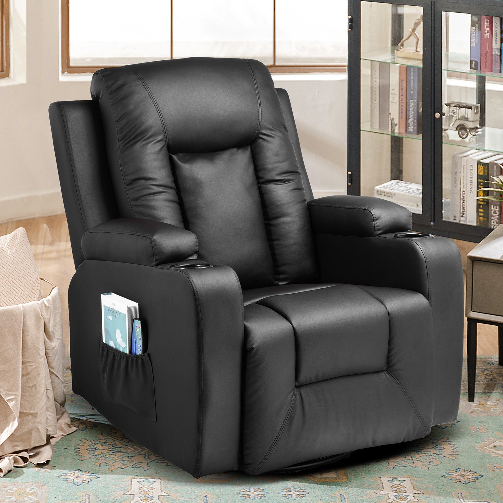 COMHOMA PU Leather Recliner Chair with Heat and Massage - Swivel Rocking Chair for Adults, Single Sofa Seat with Cup Holders & Side Pockets - Perfect for Living Room, Bedroom, Home Theater & Relaxation (Black)