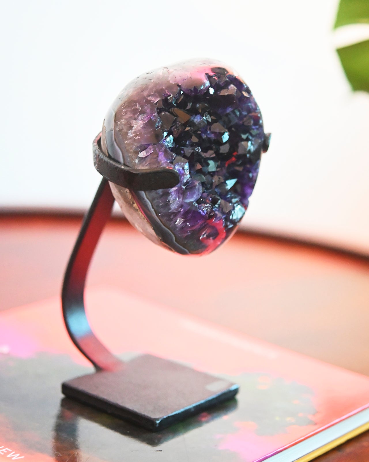 Natural Amethyst Crystal Geode on Wooden Stand - 3.3lbs Healing Stone for Home Decor, Meditation & Spiritual Gifts