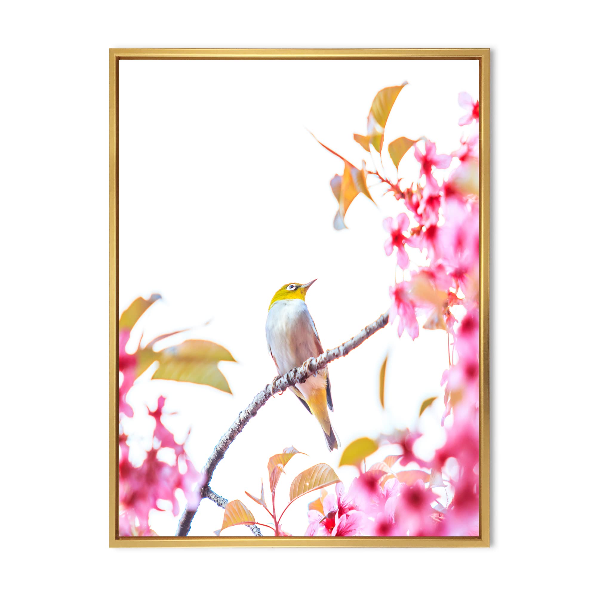 Bird on Cherry Blossom - Traditional Japanese Framed Canvas Wall Art Print - Home Decor, Living Room, Bedroom, Office Wall Hanging