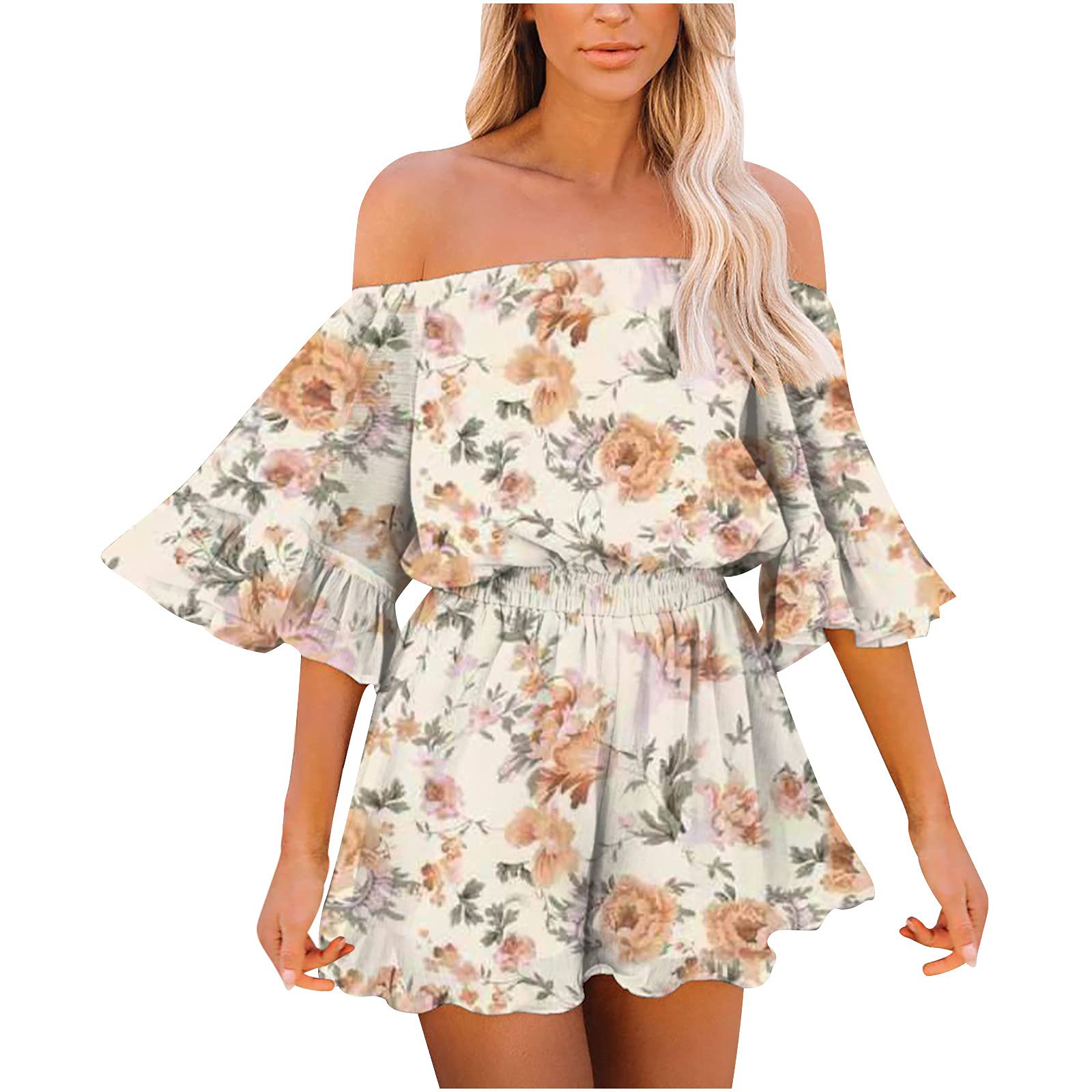 Posijego Women's Half Short Sleeve Chiffon One Shoulder Graphic Romper Jumpsuit - Trendy Summer Outfit for Beach, Party & Casual Wear 2022 D1