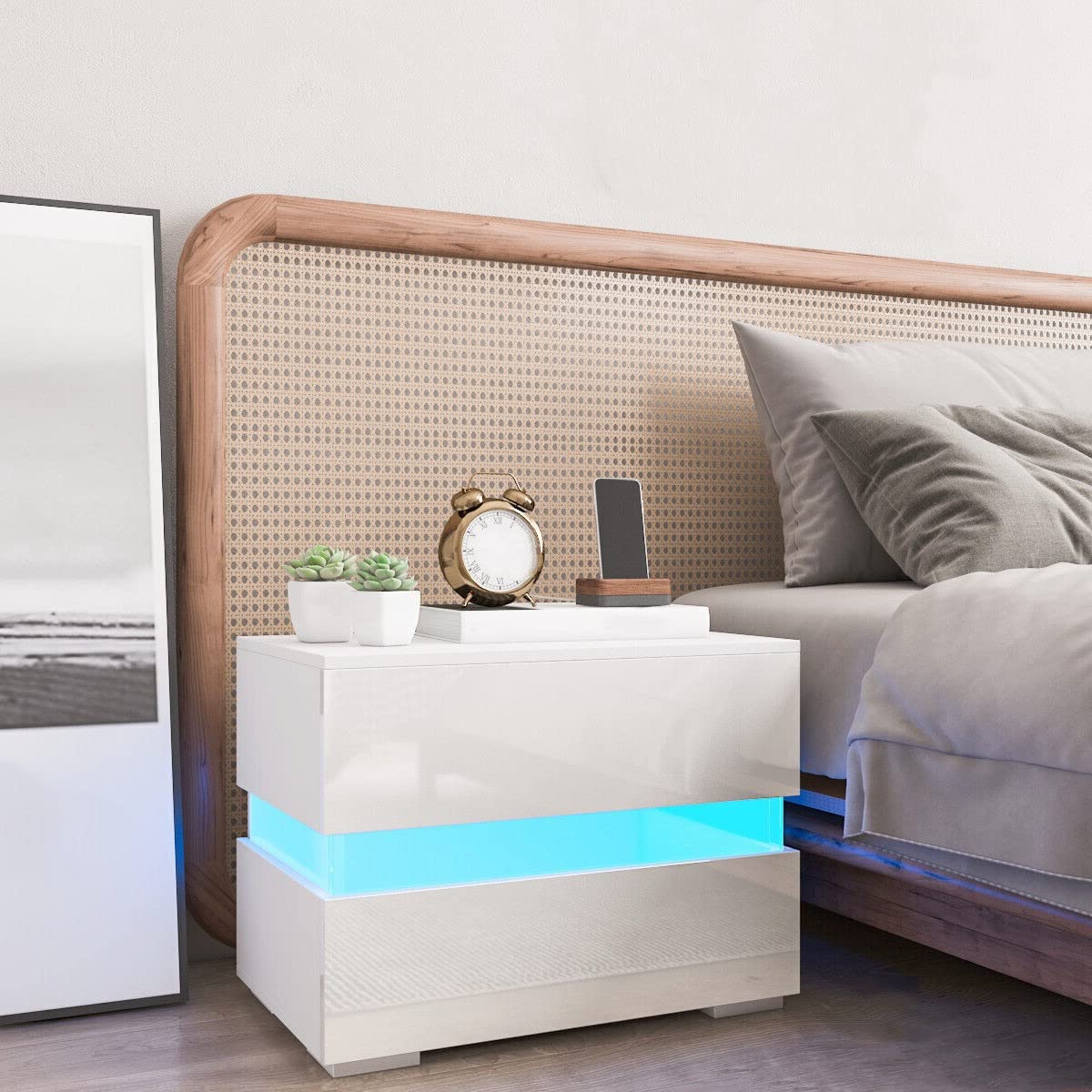 Modern LED Nightstand with 2 Drawers - High Gloss Bedside Table, Accent Coffee Table & Storage Cabinet for Living Room & Bedroom (23.62