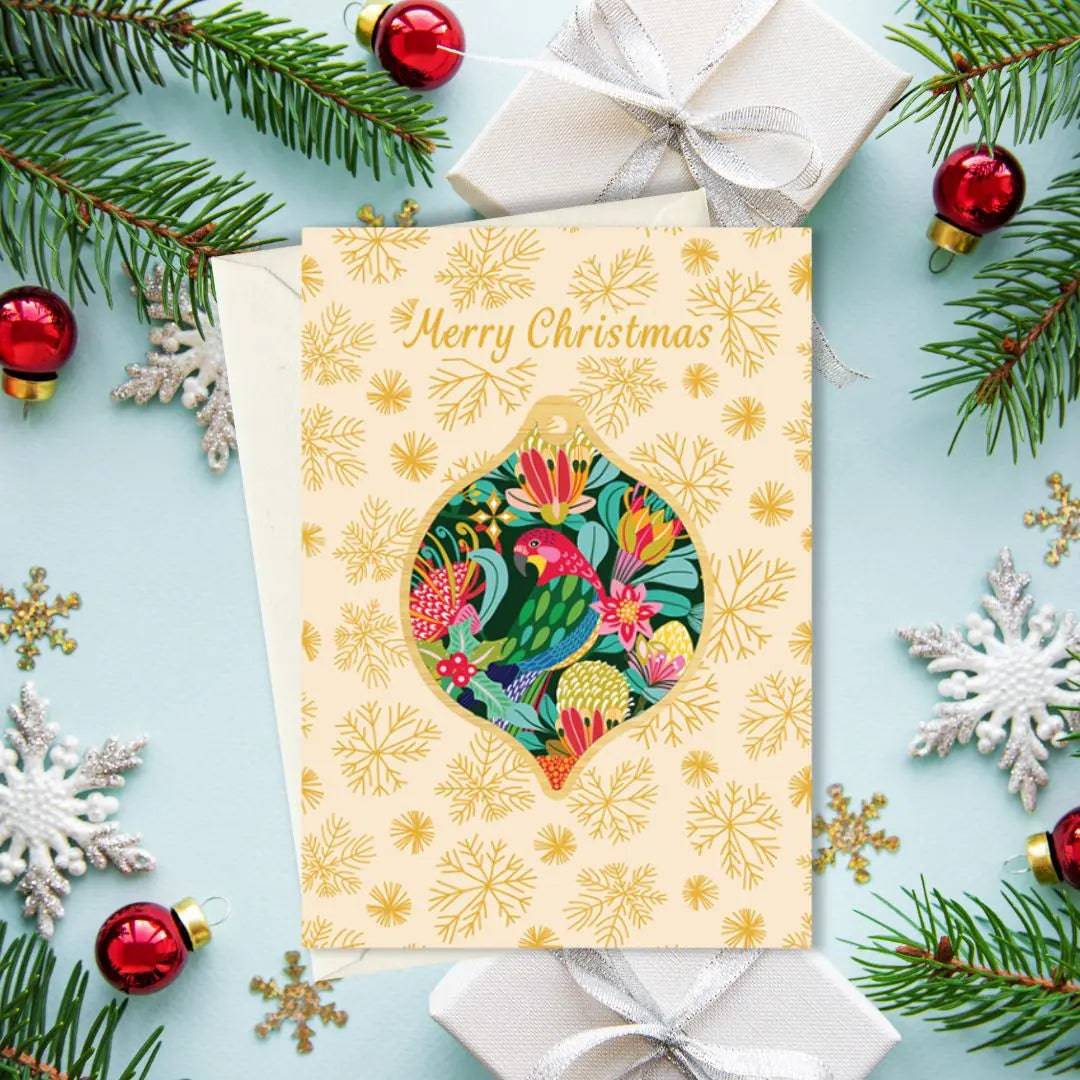 Australian Christmas Card & Rosella Bauble - Handmade Holiday Greeting Cards with Native Bird Ornaments for Christmas Tree Decorations & Festive Gifting