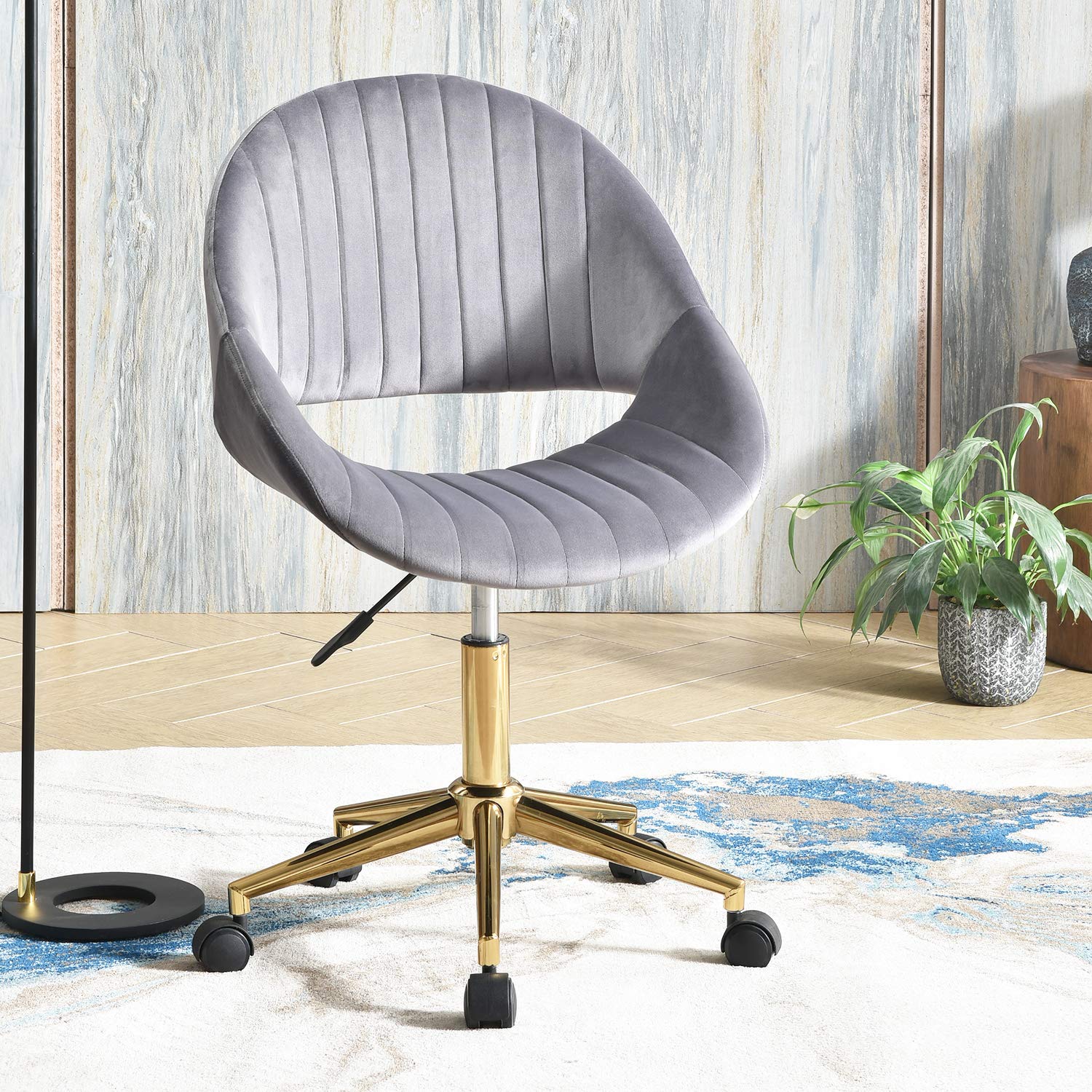 XIZZI Velvet Adjustable Swivel Office Chair with Wheels - Ergonomic Desk Chair for Women & Girls, Grey-Golden Frame - Perfect for Home Office, Study & Gaming Setup