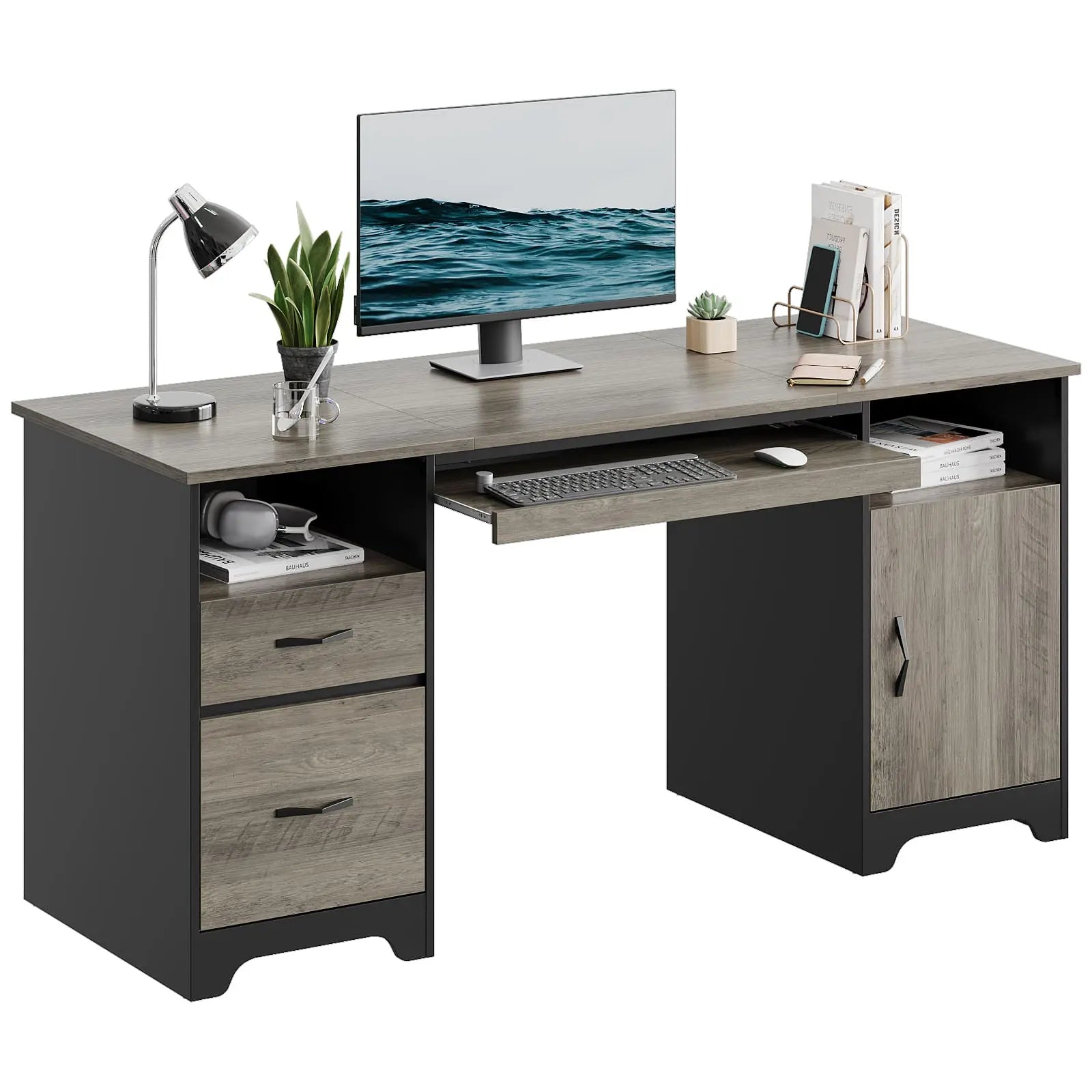 Bestier 59 Inch Executive Office Desk with Storage Drawers - Modern L-Shaped Computer Desk for Home Office & Workspace (Espresso)