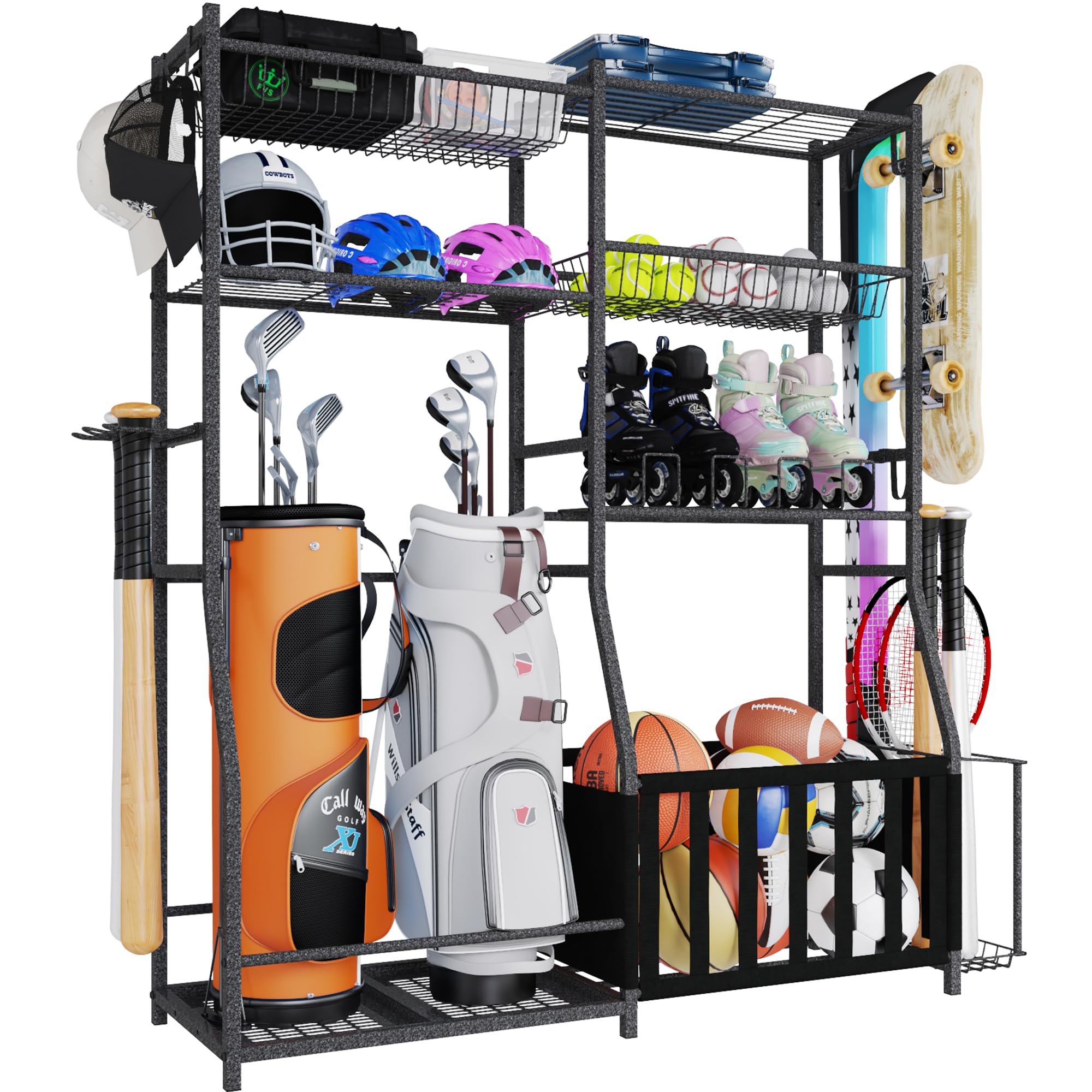 HOMREST Golf Bag Storage Stand with Ball Holder & Hooks - 2-Pack Garage Sports Organizer with Basket for Golf Clubs, Balls & Sports Equipment - Perfect for Garage, Basement & Toy Storage Organization (Black)