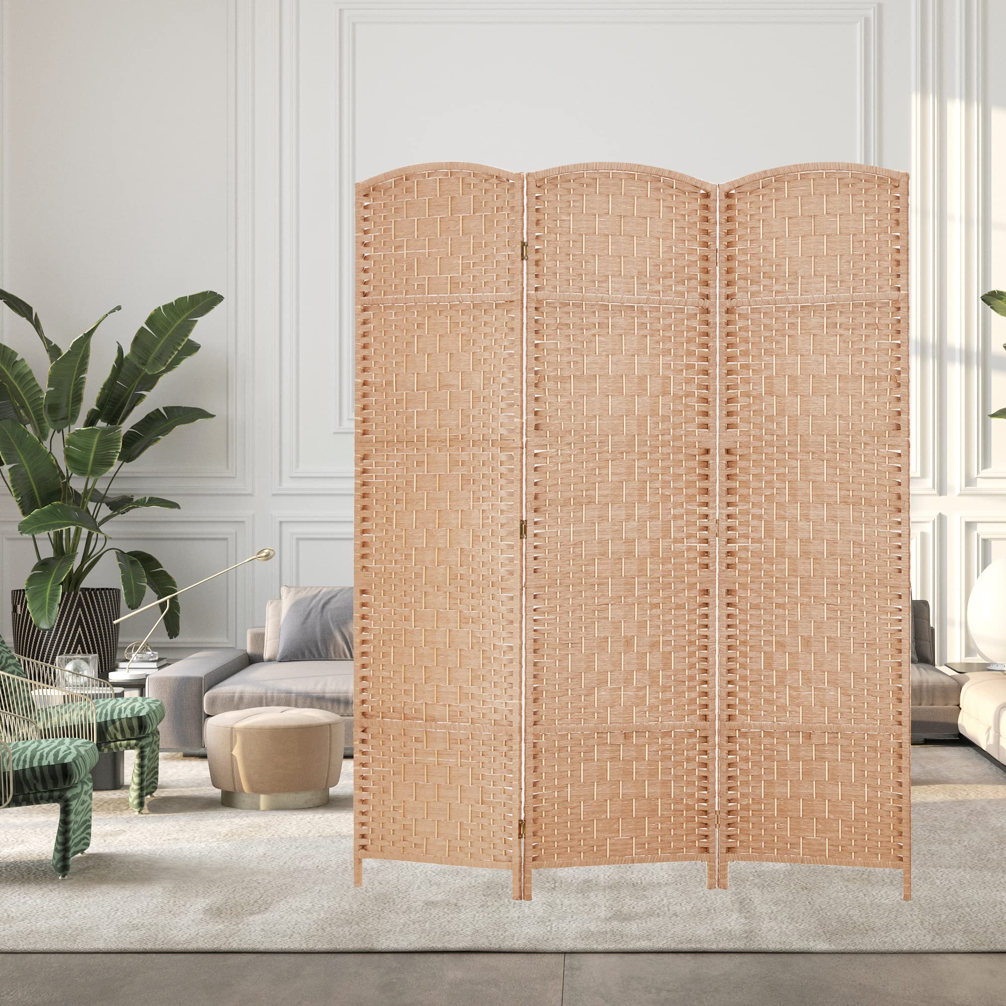 Spurgehom 6FT 3-Panel Folding Room Divider - Portable Privacy Screen for Home & Office - Freestanding Woven Partition with Diamond Double-Weave Design - No Installation Required (Beige) | Perfect for Living Room, Bedroom, Studio, or Event Space Divider