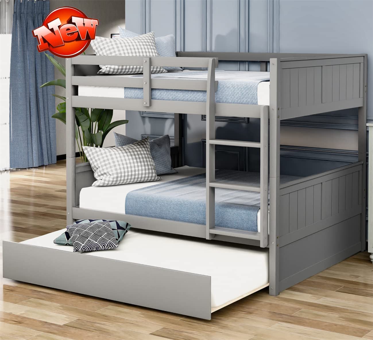 Sturdy Solid Wood Bunk Bed with Trundle & Safety Rail - Full Over Full for Kids, Teens & Adults - Perfect for Small Spaces & Guest Rooms (Gray)