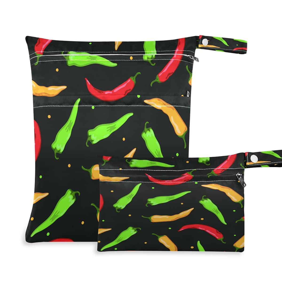 Waterproof Wet Dry Bags for Diapers - Reusable Washable Hanging Organizer Pouch with Pocket | Travel, Camping, Beach Essentials | Colorful Chili Pattern Cloth Diaper Storage Solution