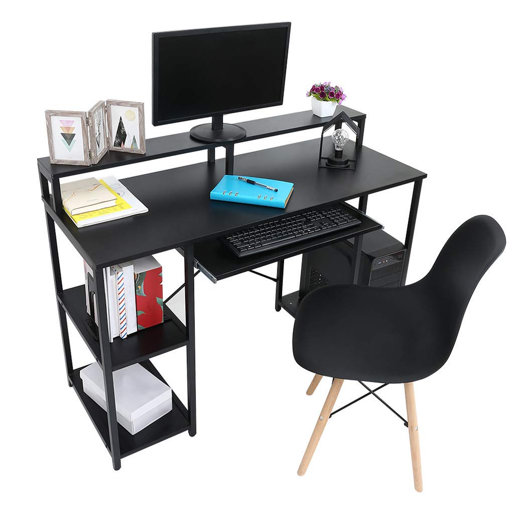 Modern Industrial Writing Computer Desk with Large Desktop, Storage Shelves & Keyboard Tray - Sturdy Metal Frame Home Office Desk for Work, Study & Gaming (Black)