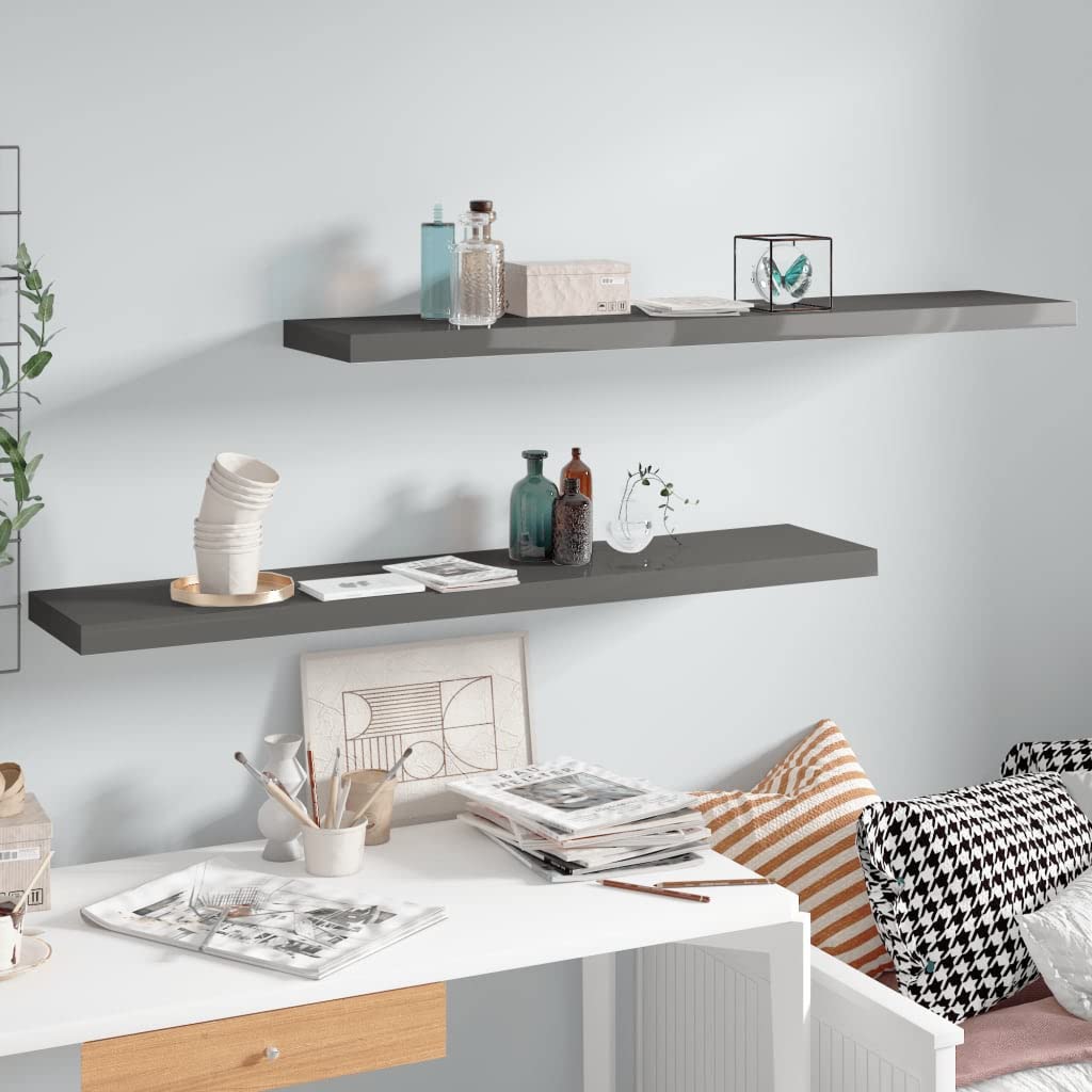 CHARMMA Floating Wall Shelves Set of 2 - Modern High Gloss Gray MDF Shelves (47.2