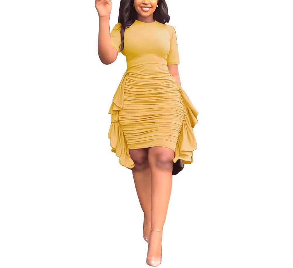 Elegant Women's Wedding Guest Dress - Short Sleeve Waisted Ruched Ruffle Maxi Bodycon Dress for Special Occasions (Sizes S-2XL) | Perfect for Weddings, Parties, and Formal Events