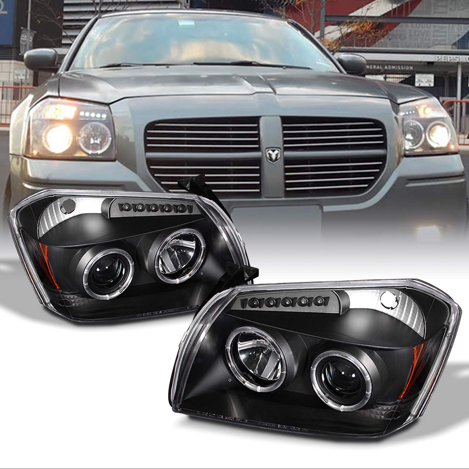 AKKON LED Halo Headlights & Tail Lights for 2005-2007 Dodge Magnum - Black Housing for Night Driving
