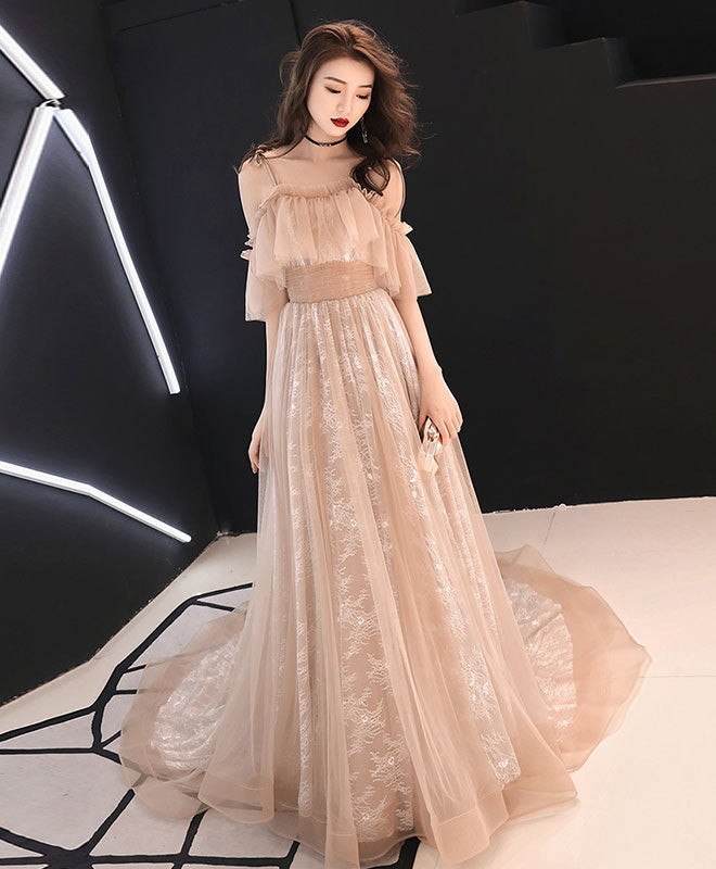 Elegant Champagne Tulle Lace Long Prom Dress for Women - Formal Evening Gown for Homecoming, Wedding, Quinceañera & Special Occasions