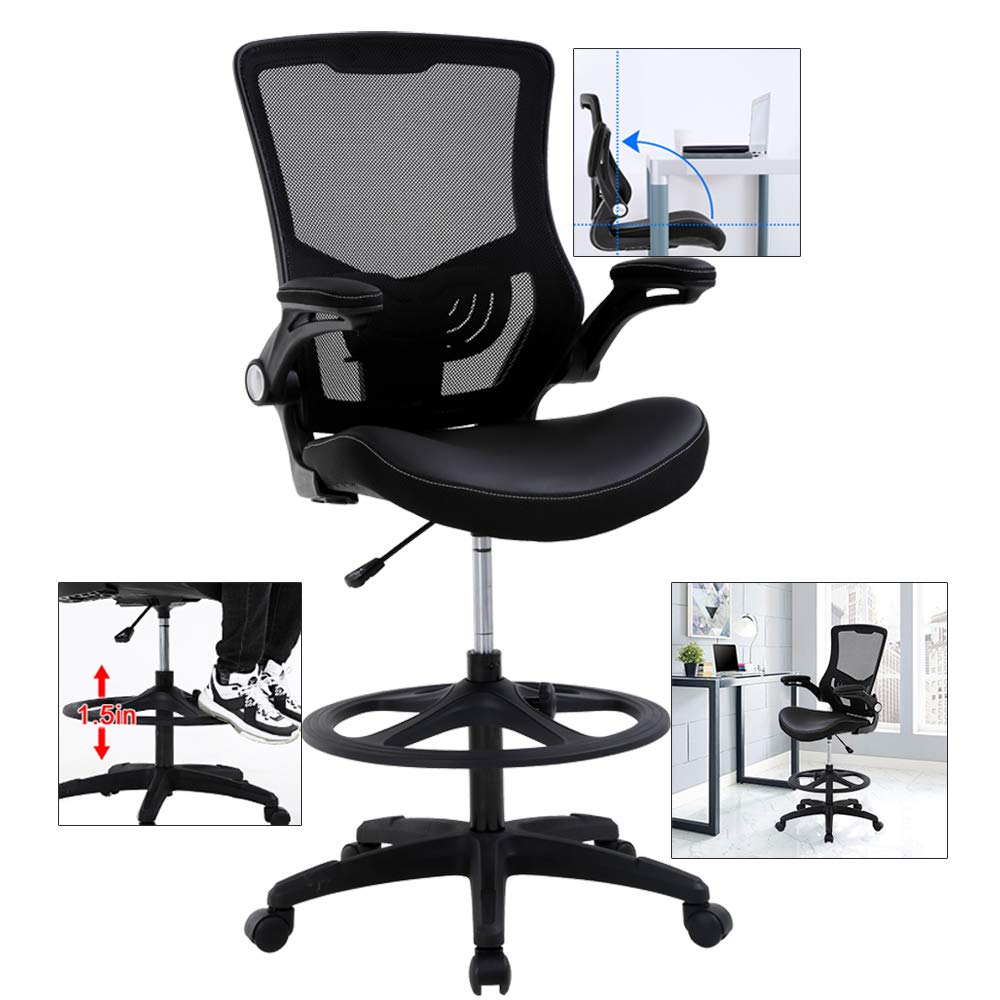 Ergonomic Drafting Chair with Flip-Up Arms, Footrest & Lumbar Support - Adjustable Height Mesh Mid-Back Office Chair for Standing Desks, Computer Work, Executive Rolling Stool (Black) - Perfect for Architects, Designers & Long Work Sessions