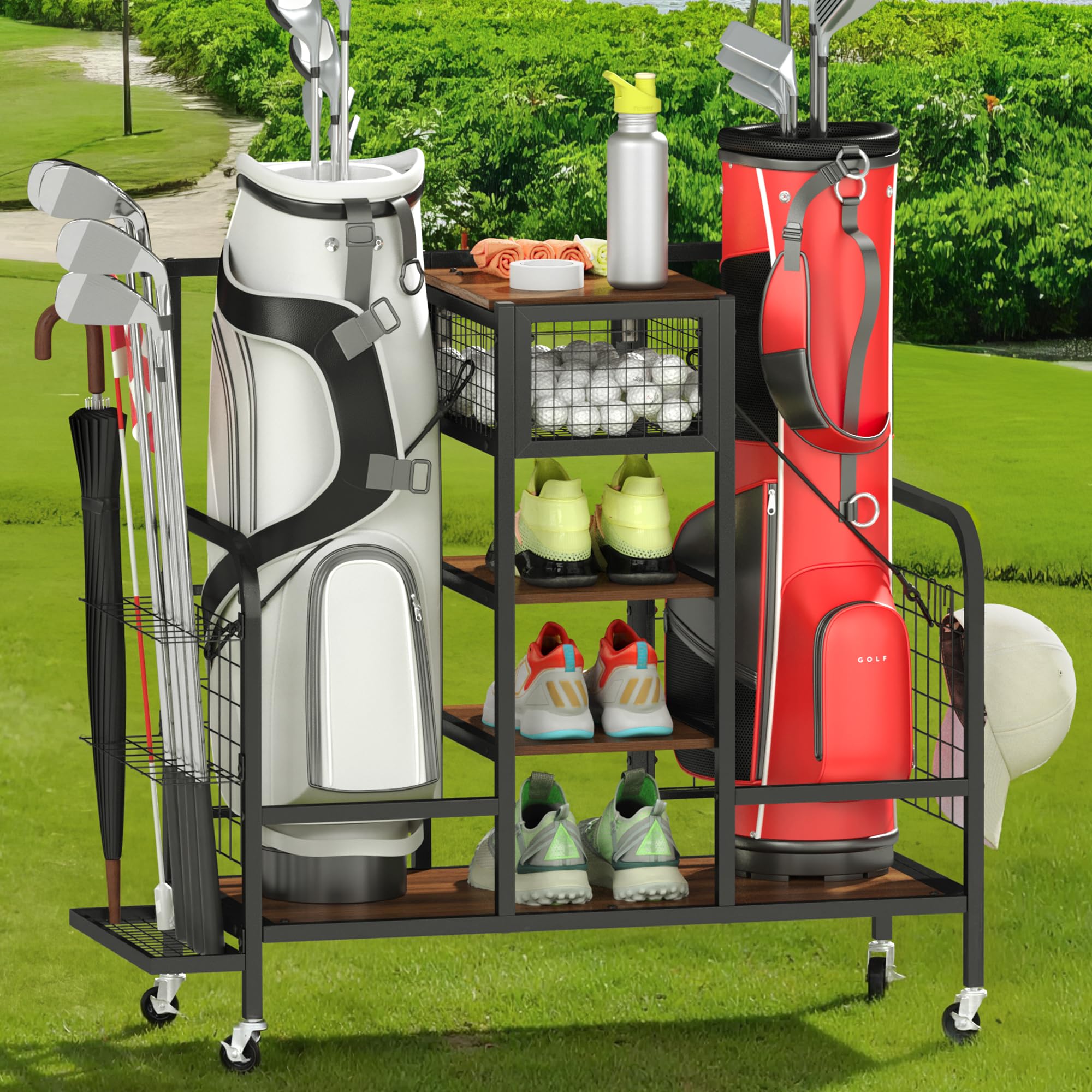 Premium Golf Bag Organizer with Wheels - Heavy Duty Golf Storage Rack for Garage, Fits Golf Bags, Clubs & Accessories - Perfect for Home, Clubhouse & Garage Organization