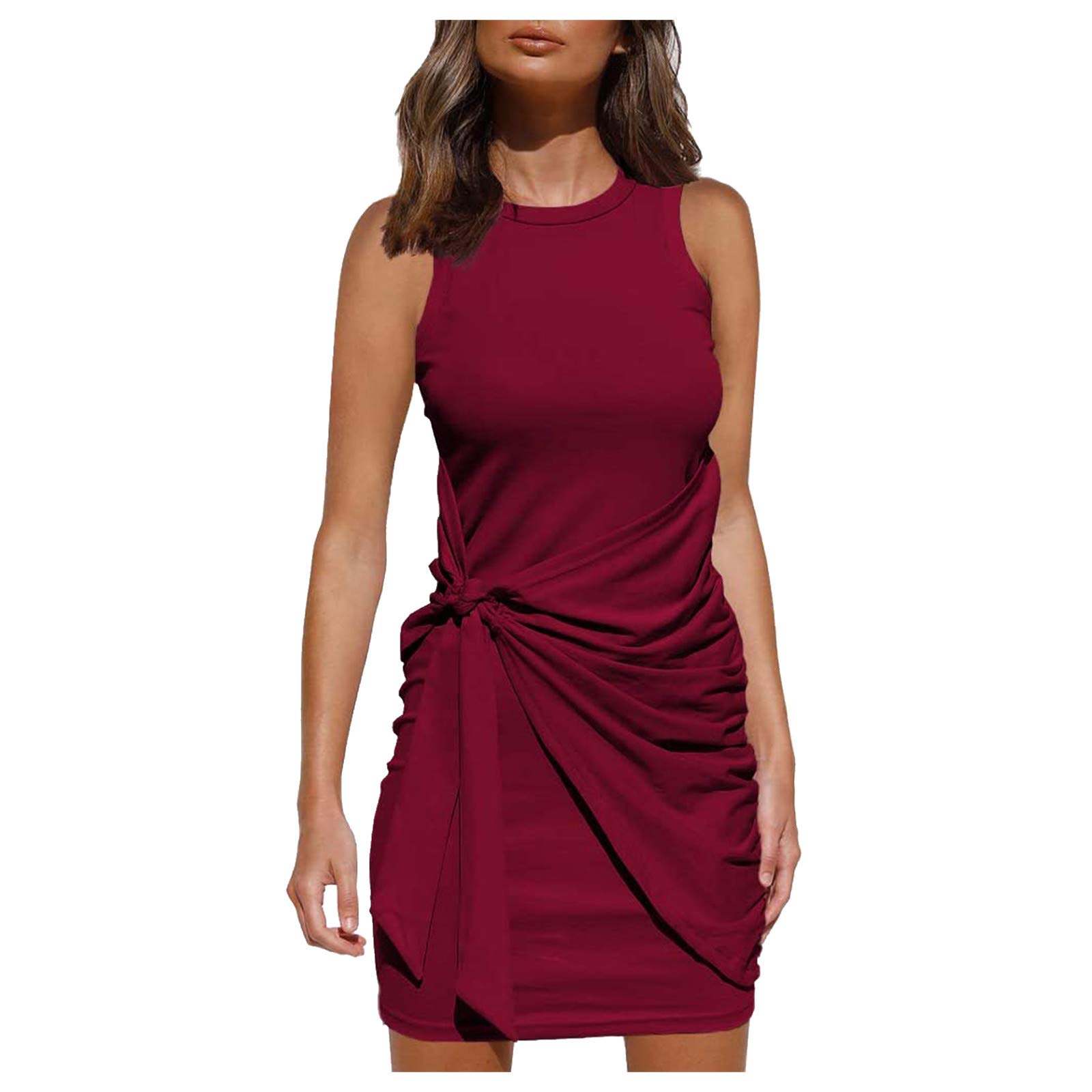 Women's Casual Bodycon Dress - Crew Neck Ruched Summer Print Mini Dress with Knot Twist & Tie Waist | Perfect for Date Night, Parties & Summer Outings