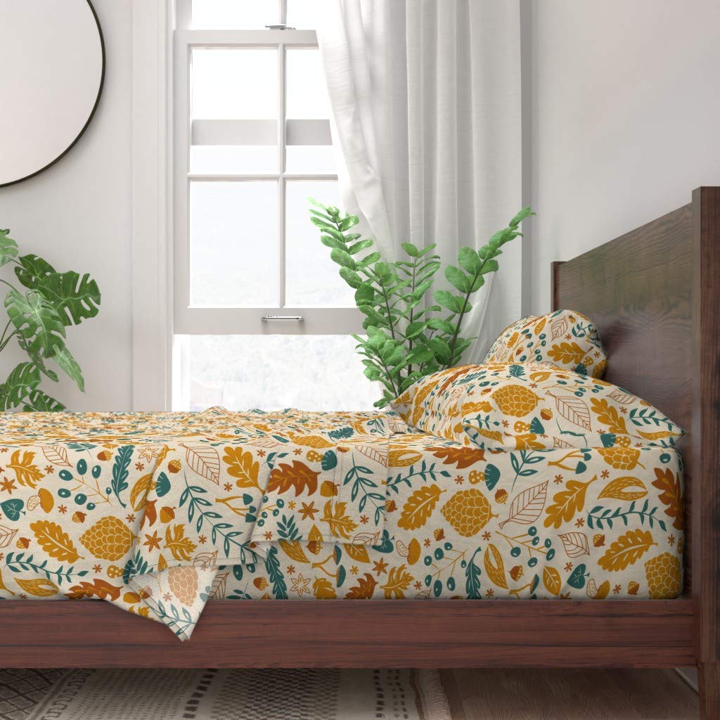 Premium 100% Cotton Twin Sheet Set - 3pc Autumn Leaves Woodland Print in Cream, Teal, Brown & Gold | Soft & Breathable Bedding for Fall Decor | Perfect for Guest Rooms, Dorms & Cozy Bedrooms