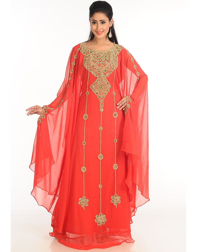 Arabic Peach Georgette Hand Zari Embroidered Farasha Dress - Elegant Traditional Attire for Weddings, Parties & Special Occasions
