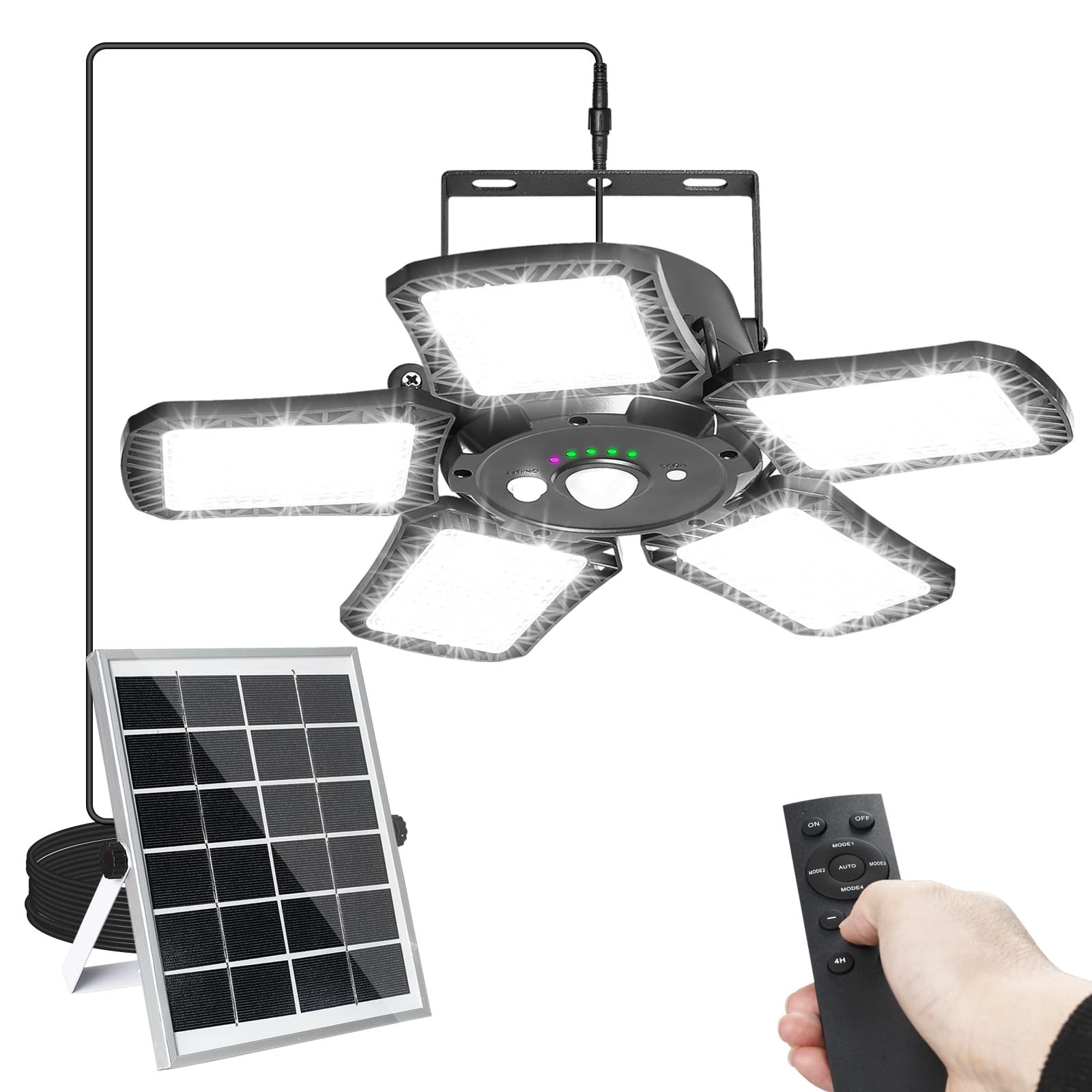 Solar Pendant Light with Remote & Timer - 1200LM 160LED 5-Leaf Motion Sensor Light - IP65 Waterproof for Outdoor/Indoor Use - Perfect for Garage, Barn, Chicken Coop, Gazebo, Patio & Garden Lighting